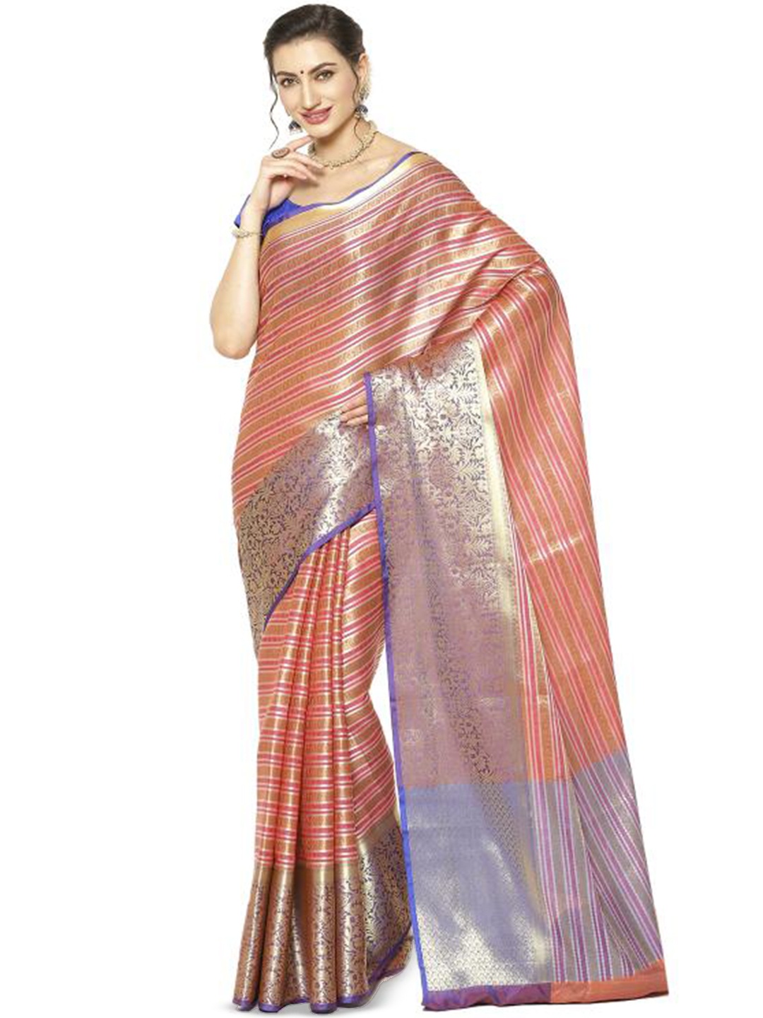 

PTIEPL Banarasi Silk Works Woven Design Zari Silk Blend Kanjeevaram Saree, Orange