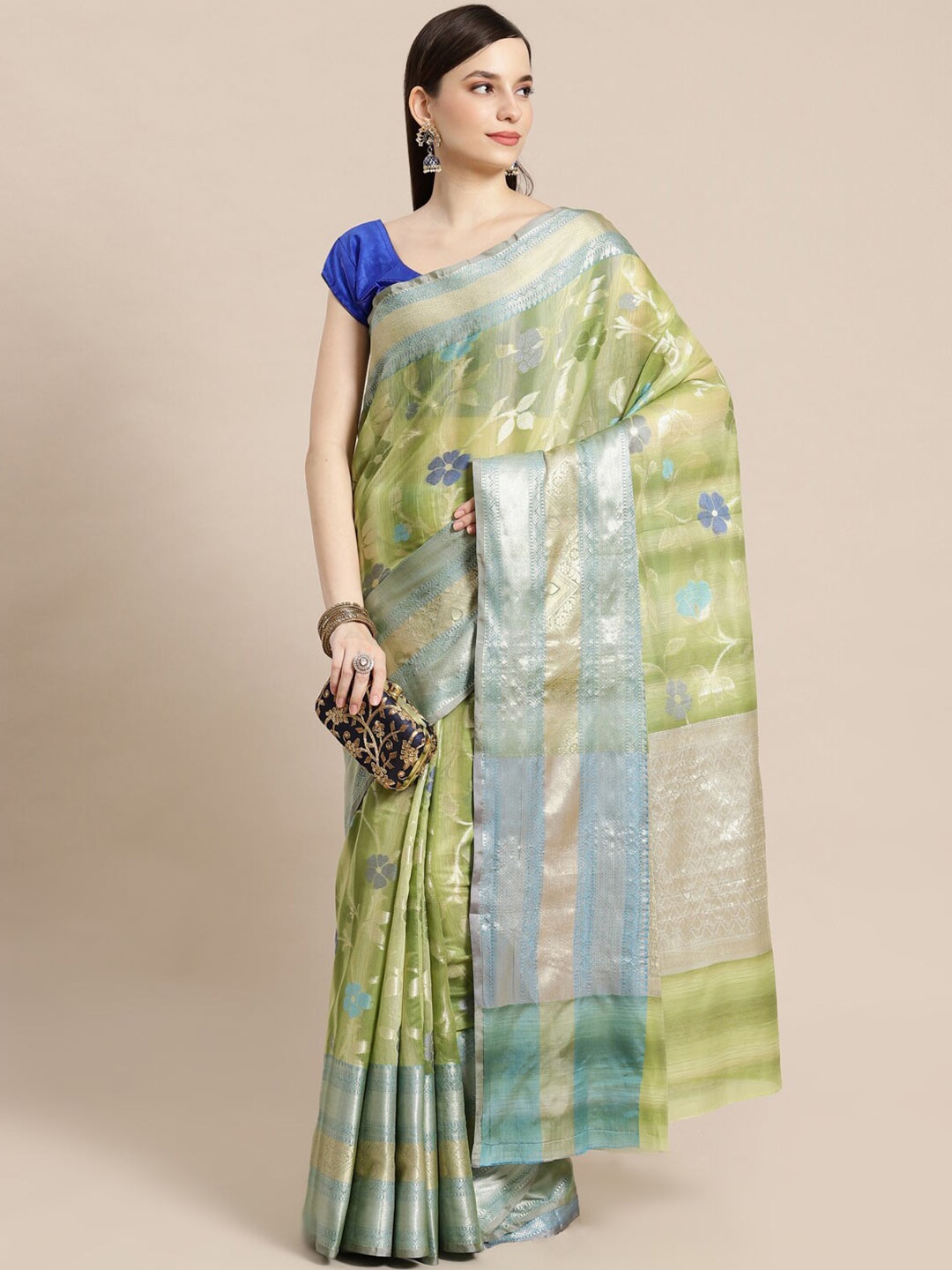 

PTIEPL Banarasi Silk Works Floral Zari Silk Blend Banarasi Saree, Green