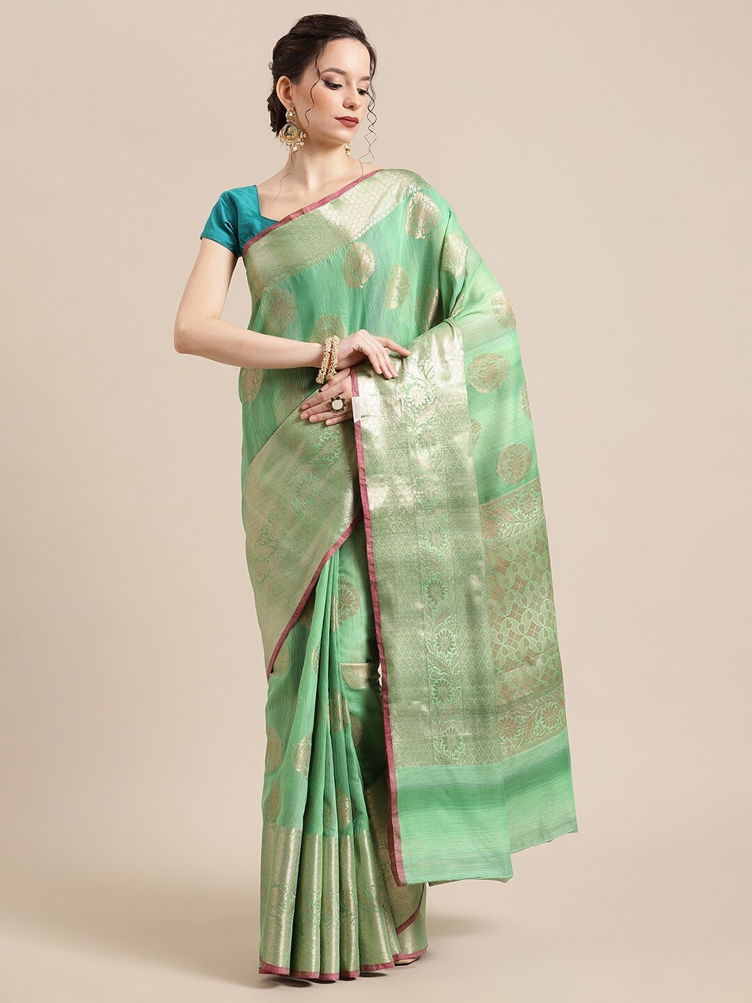 

PTIEPL Banarasi Silk Works Floral Zari Silk Blend Banarasi Saree, Green