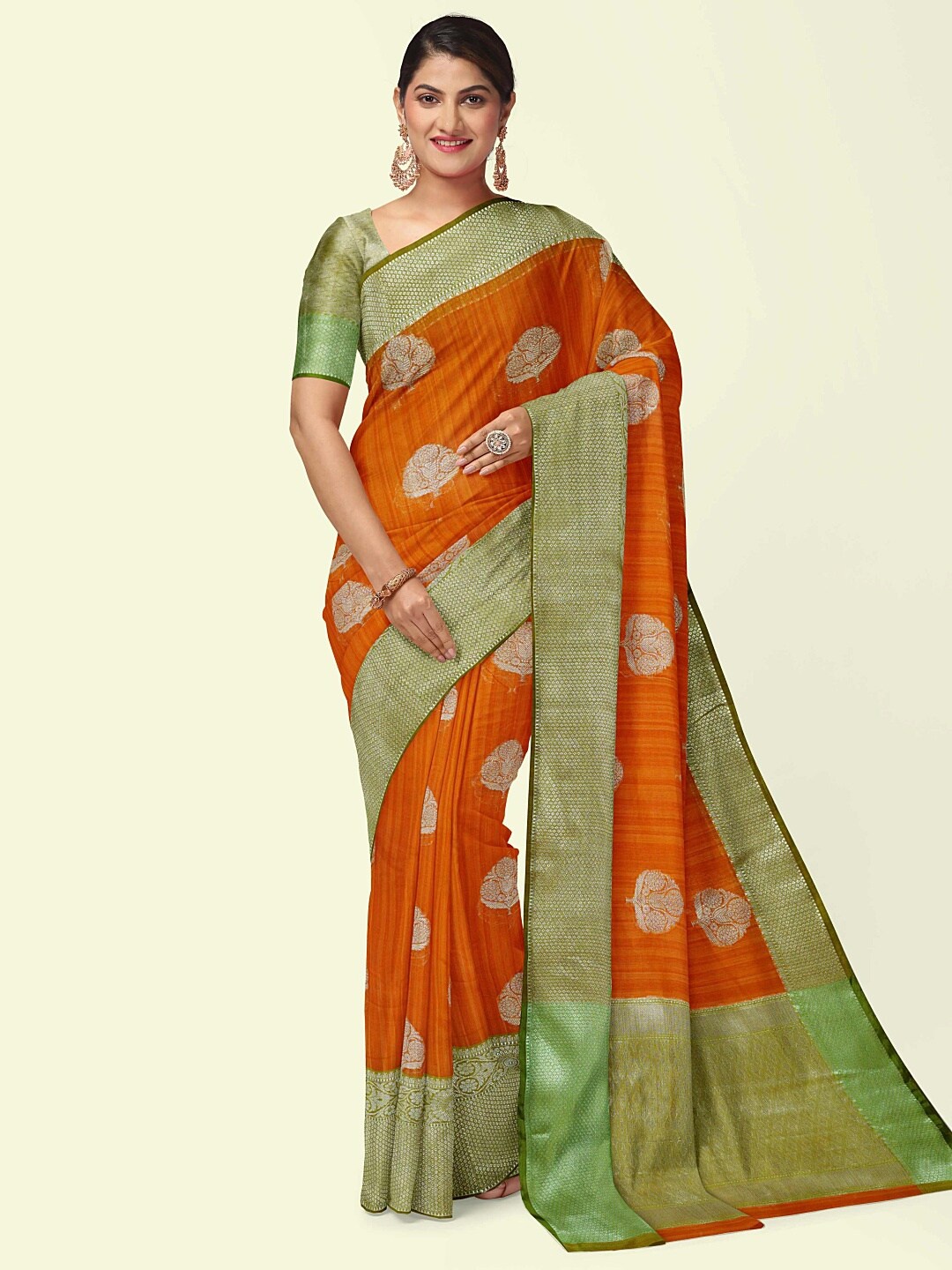 

PTIEPL Banarasi Silk Works Woven Design Zari Silk Blend Banarasi Saree, Orange