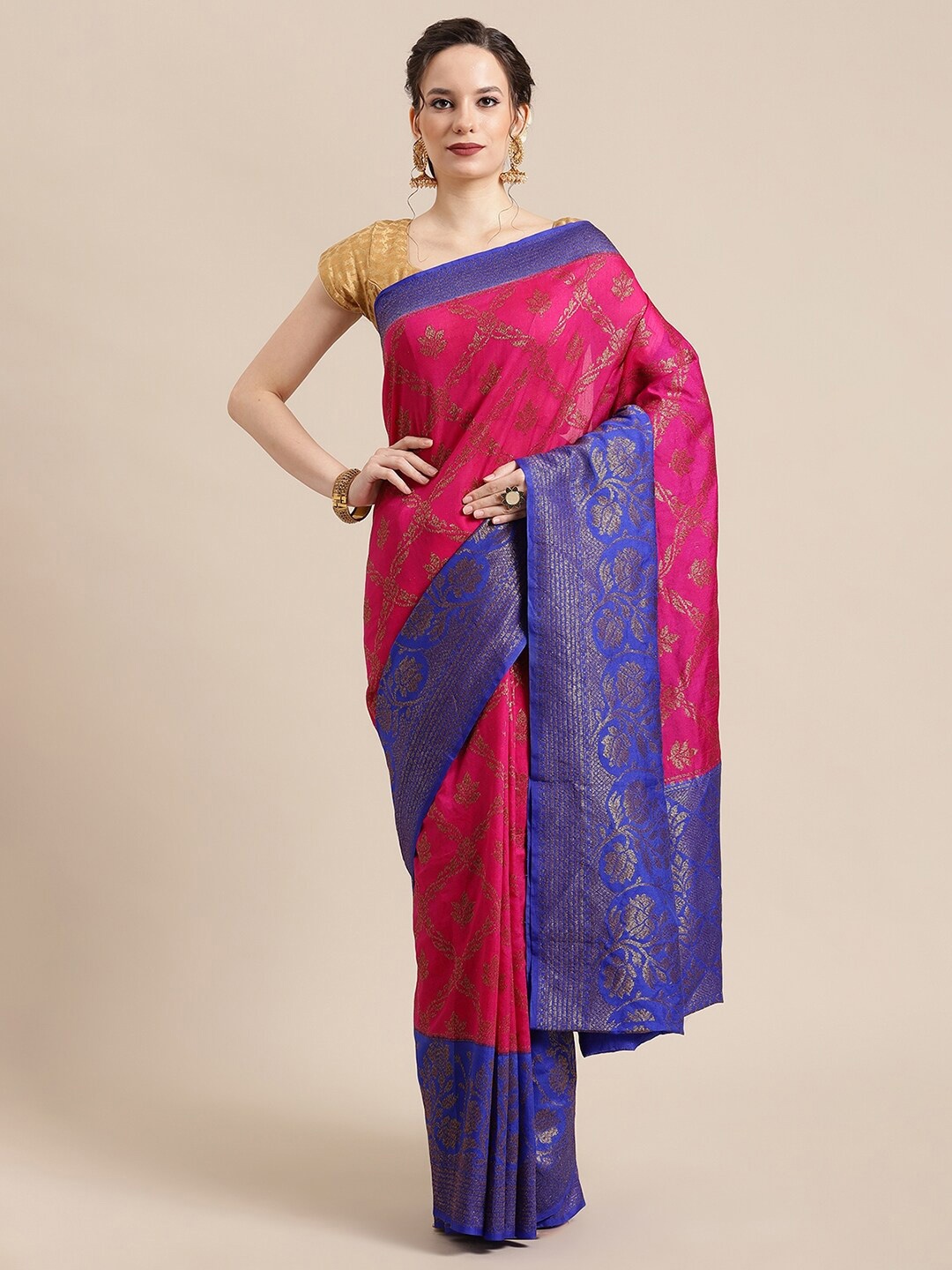 

PTIEPL Banarasi Silk Works Floral Zari Silk Blend Banarasi Saree, Magenta