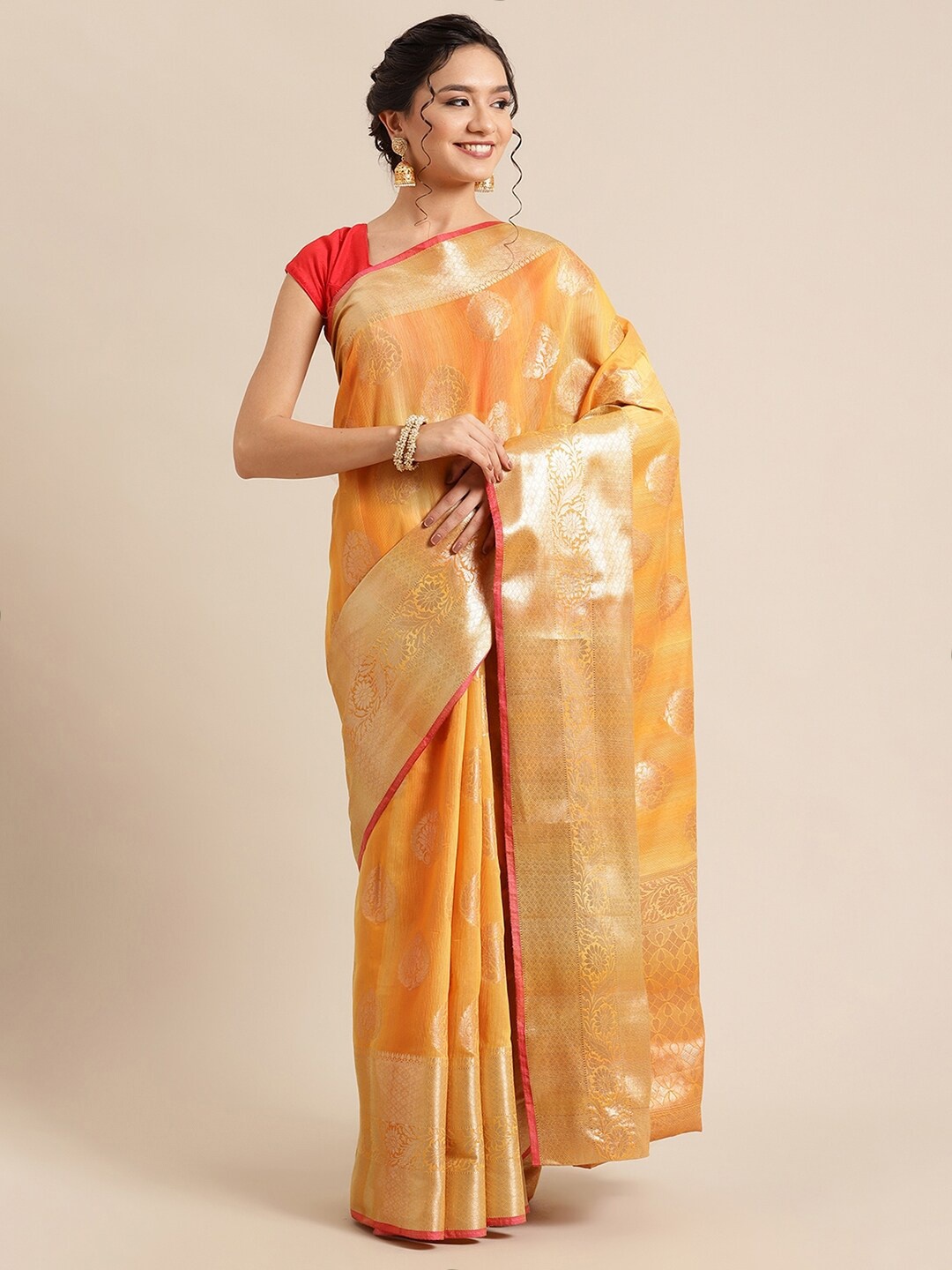 

PTIEPL Banarasi Silk Works Woven Design Zari Silk Blend Banarasi Saree, Orange