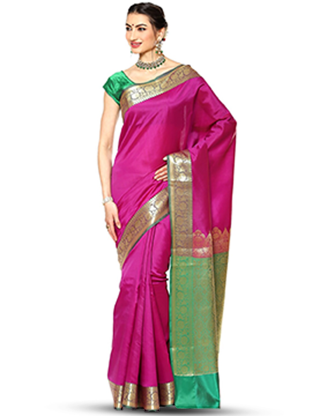

PTIEPL Banarasi Silk Works Zari Silk Blend Banarasi Saree, Magenta