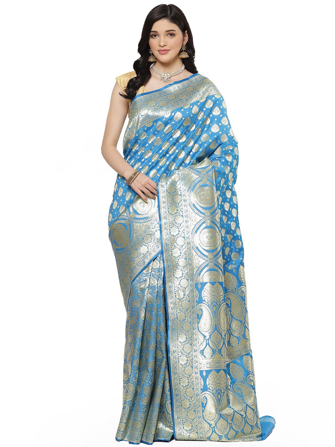

PTIEPL Banarasi Silk Works Woven Design Zari Satin Banarasi Saree, Blue
