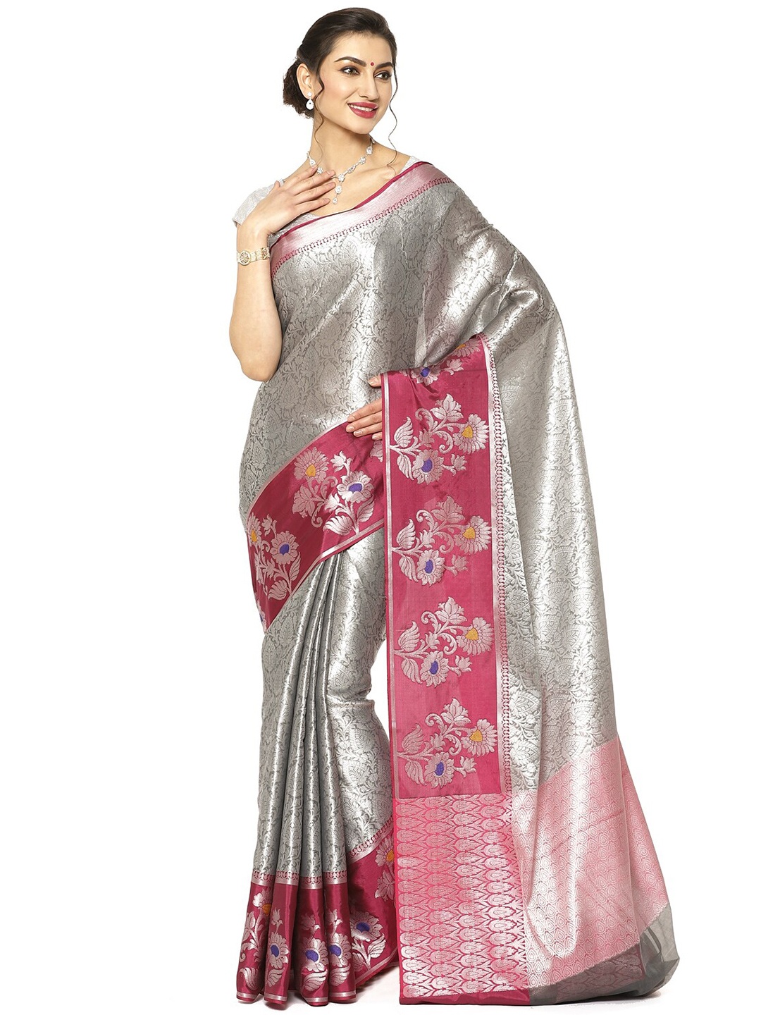 

PTIEPL Banarasi Silk Works Woven Design Zari Silk Blend Kanjeevaram Saree, Grey