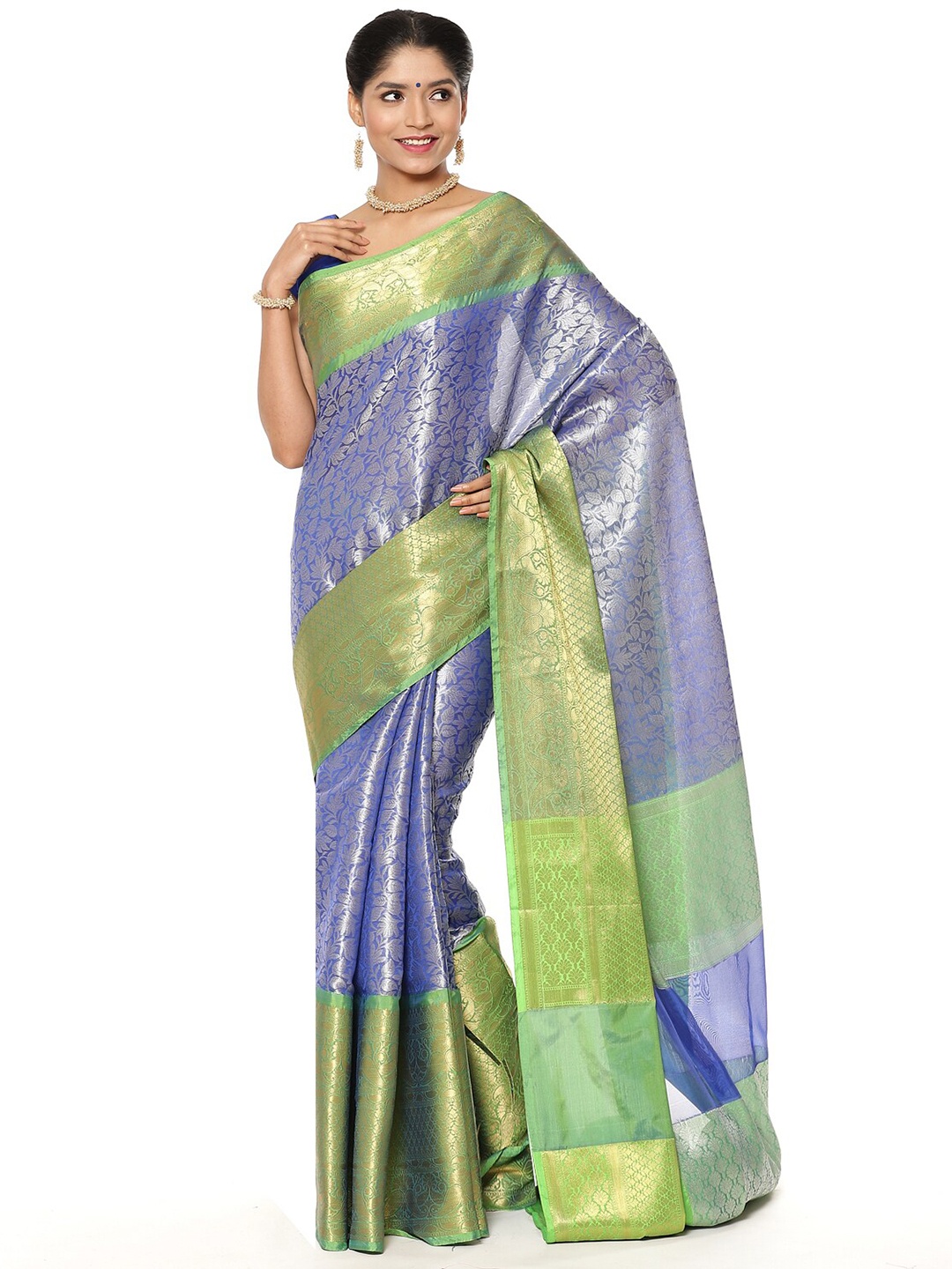 

PTIEPL Banarasi Silk Works Floral Zari Art Silk Banarasi Saree, Blue