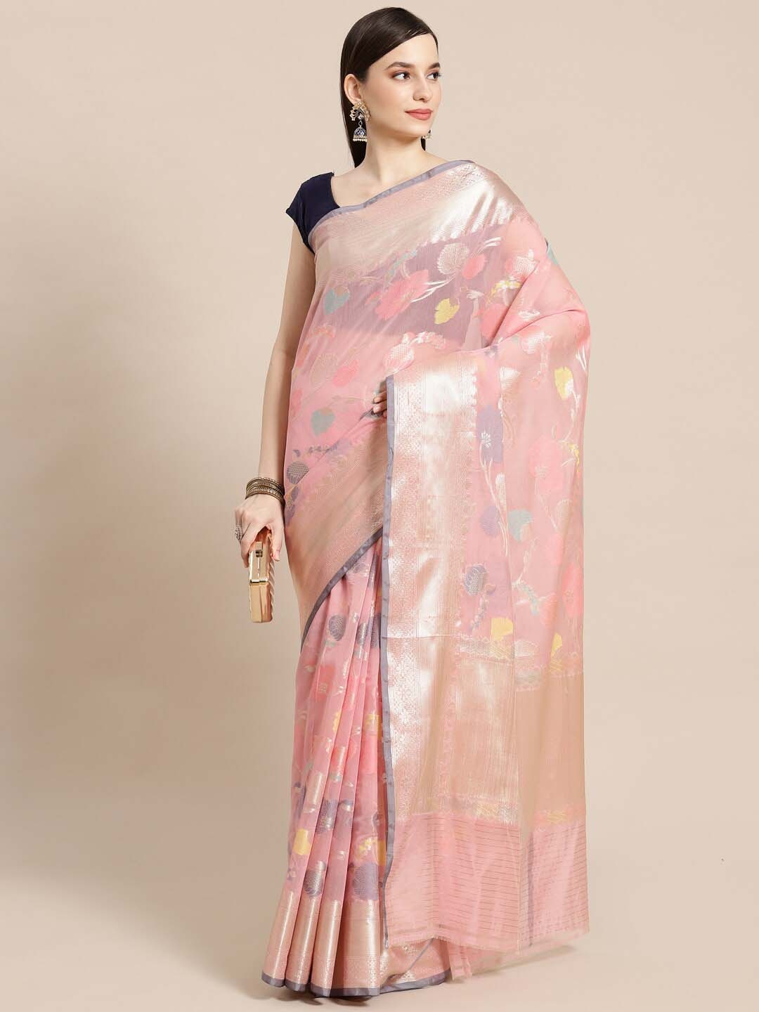 PTIEPL Banarasi Silk Works Floral Zari Banarasi Saree, Pink