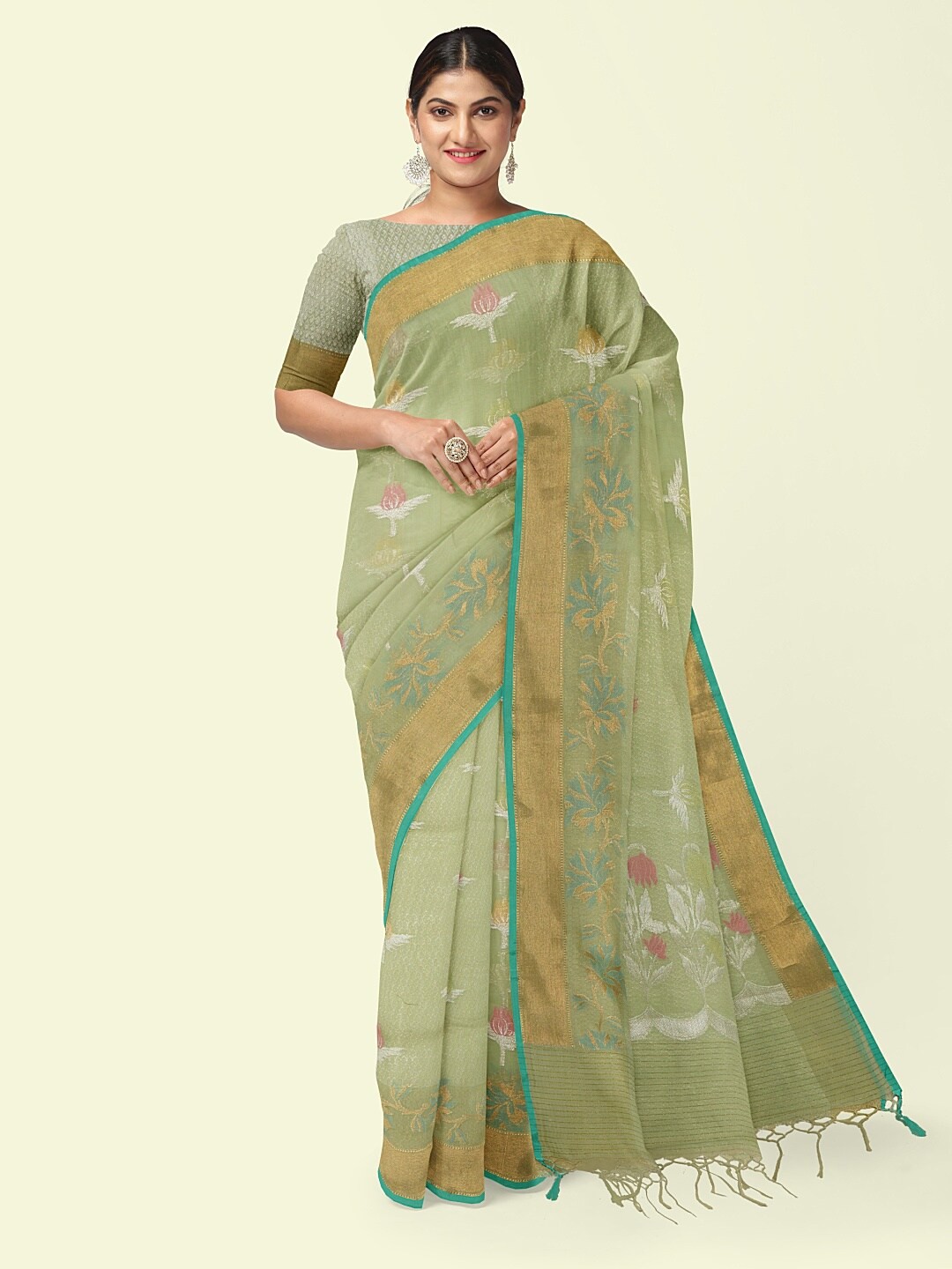 

PTIEPL Banarasi Silk Works Floral Zari Banarasi Saree, Sea green