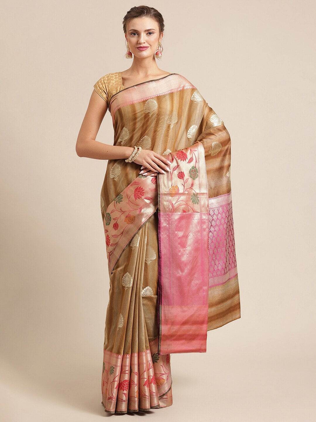 

PTIEPL Banarasi Silk Works Woven Design Zari Silk Blend Banarasi Saree, Brown