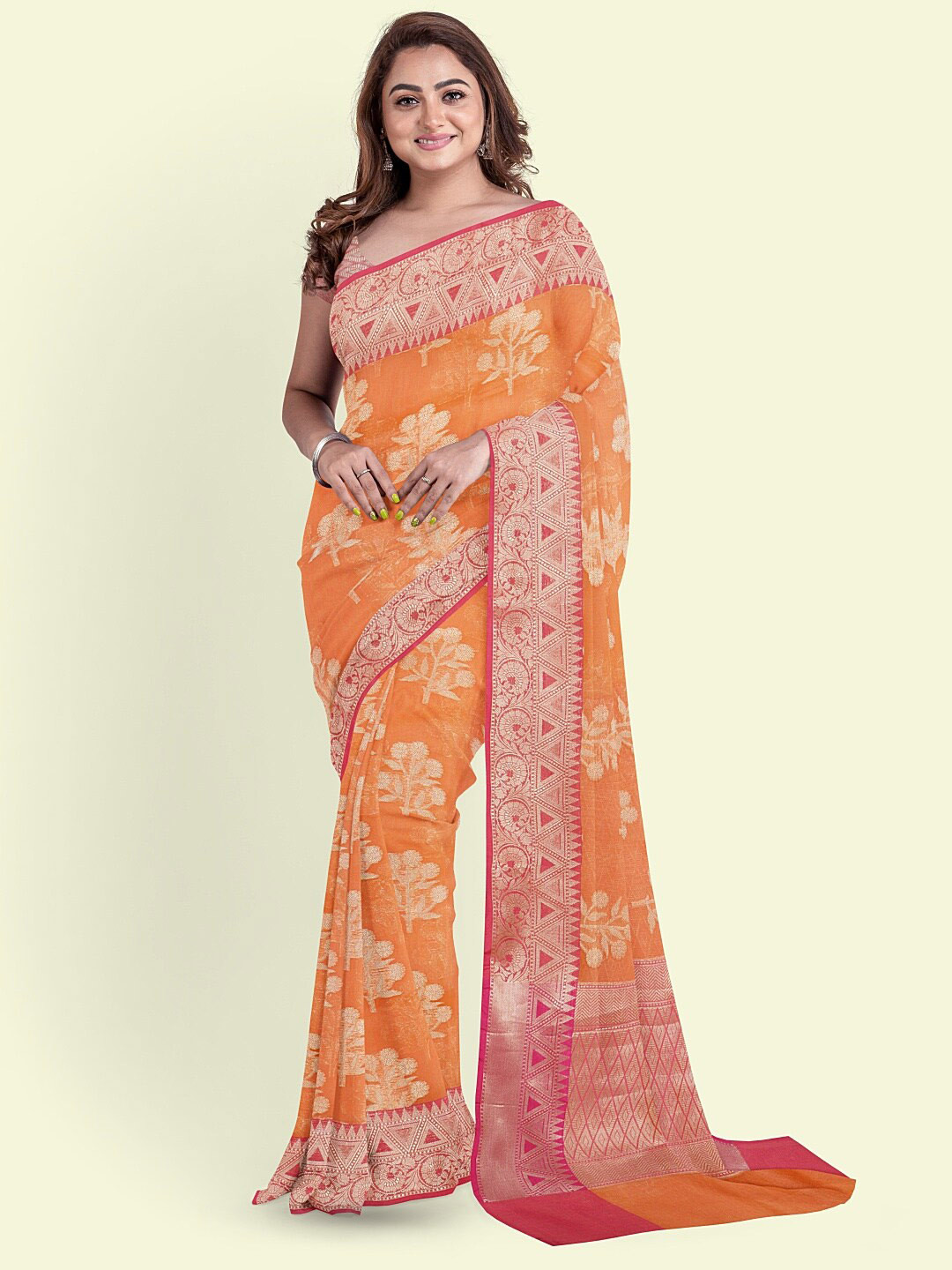

PTIEPL Banarasi Silk Works Floral Zari Organza Banarasi Saree, Orange