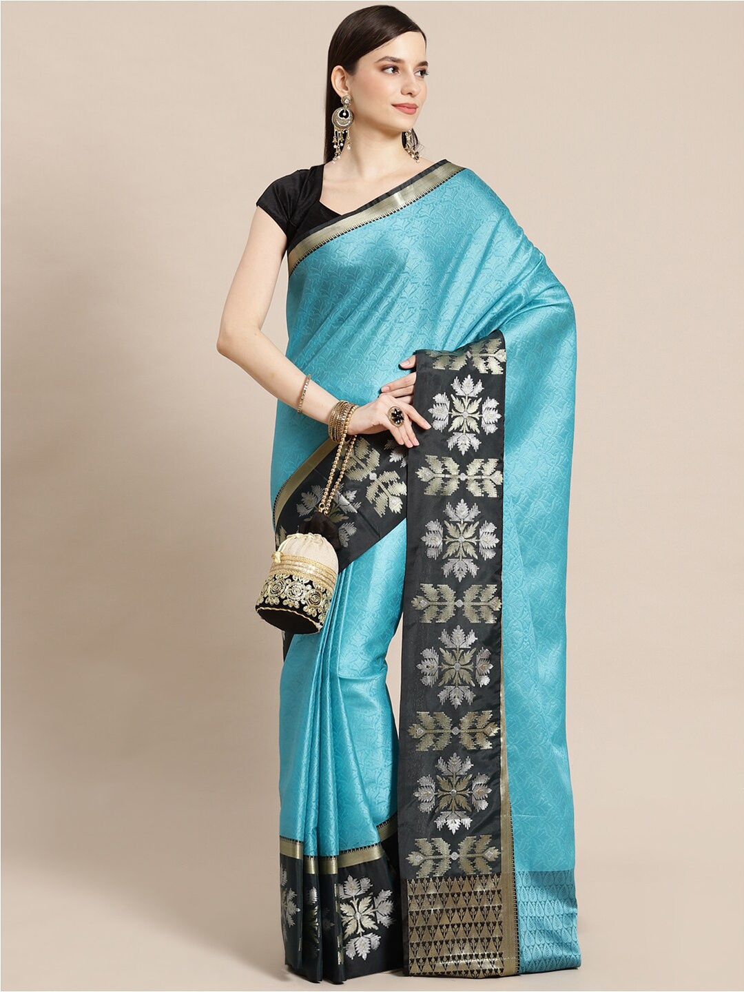 

PTIEPL Banarasi Silk Works Woven Design Zari Silk Blend Banarasi Saree, Blue