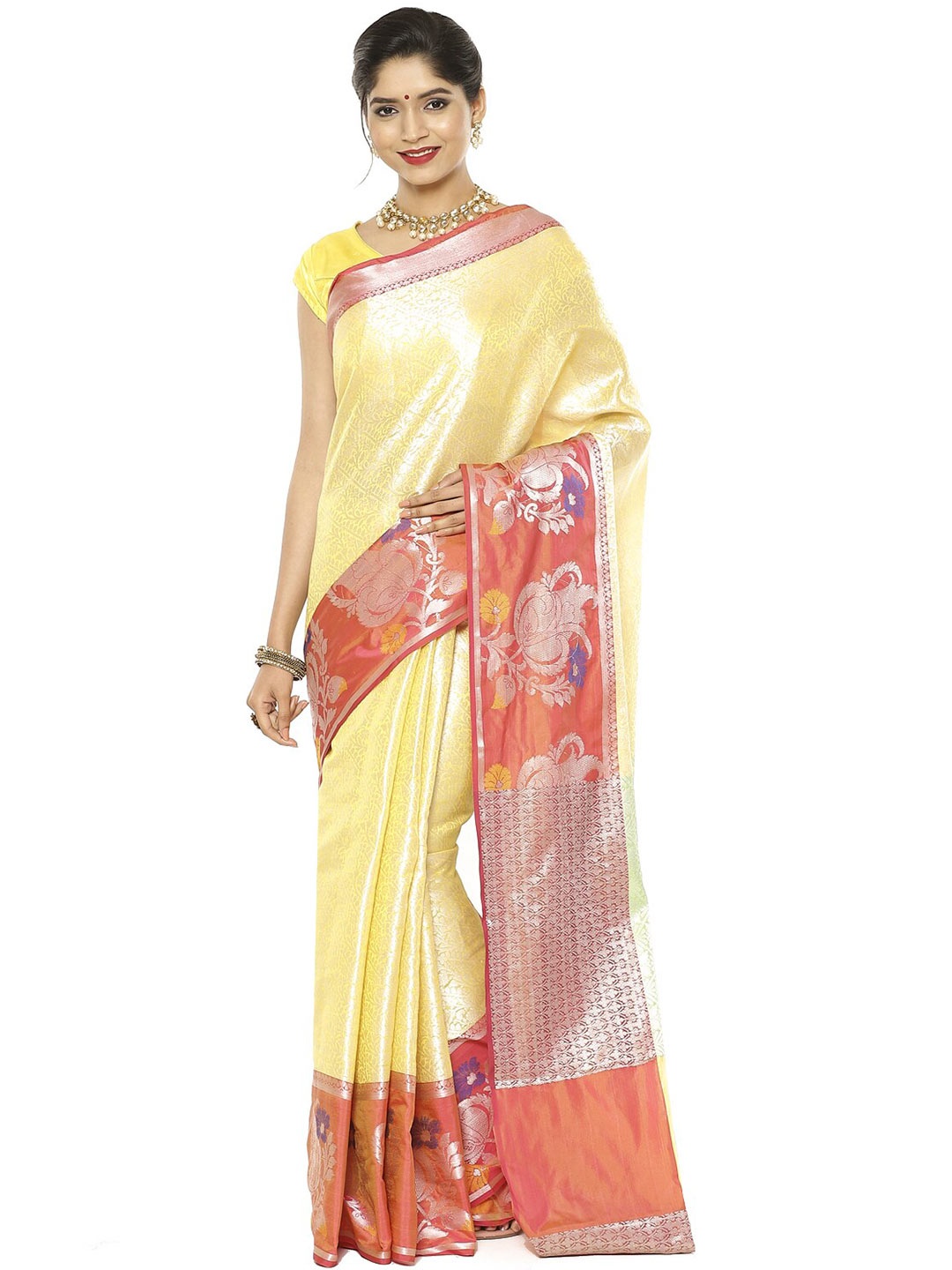 

PTIEPL Banarasi Silk Works Woven Design Zari Silk Blend Kanjeevaram Saree, Gold