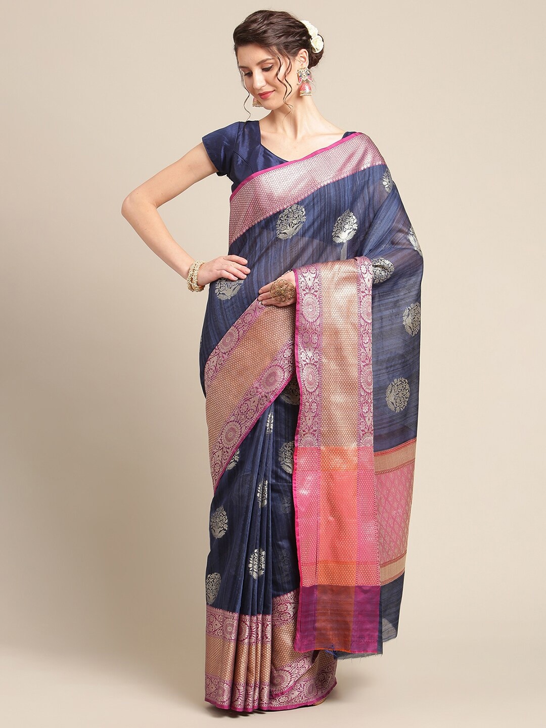 

PTIEPL Banarasi Silk Works Woven Design Zari Silk Blend Banarasi Saree, Blue