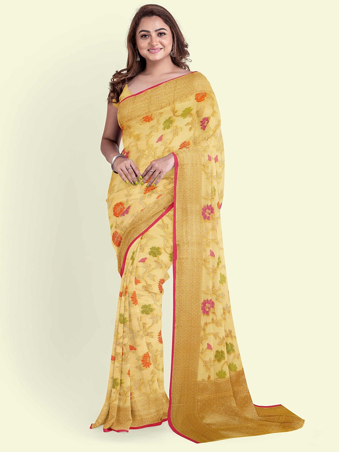 

PTIEPL Banarasi Silk Works Floral Zari Banarasi Saree, Yellow