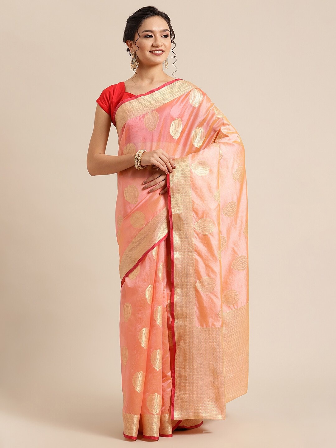 

PTIEPL Banarasi Silk Works Woven Design Zari Silk Blend Banarasi Saree, Pink