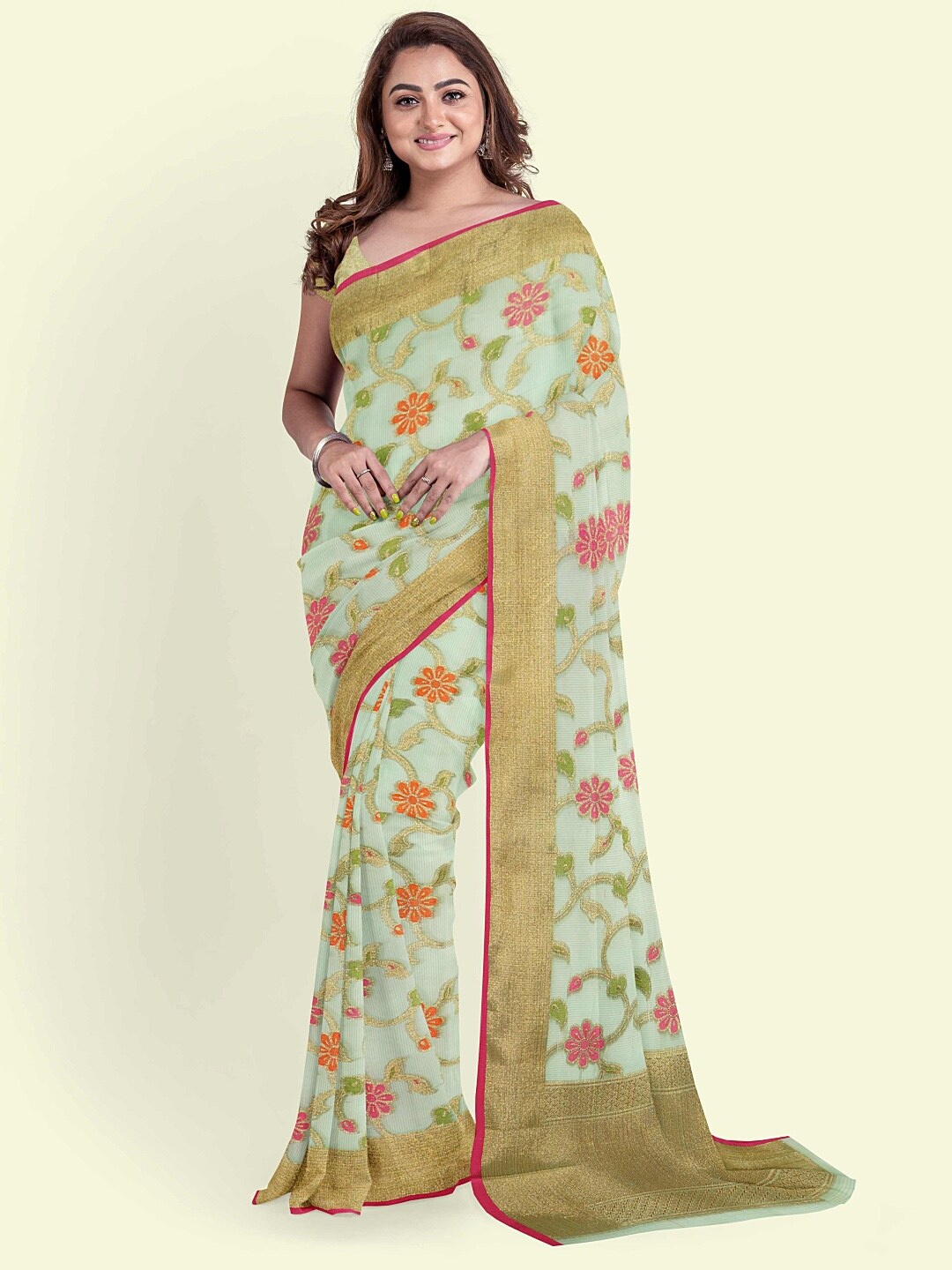 

PTIEPL Banarasi Silk Works Floral Zari Banarasi Saree, Green