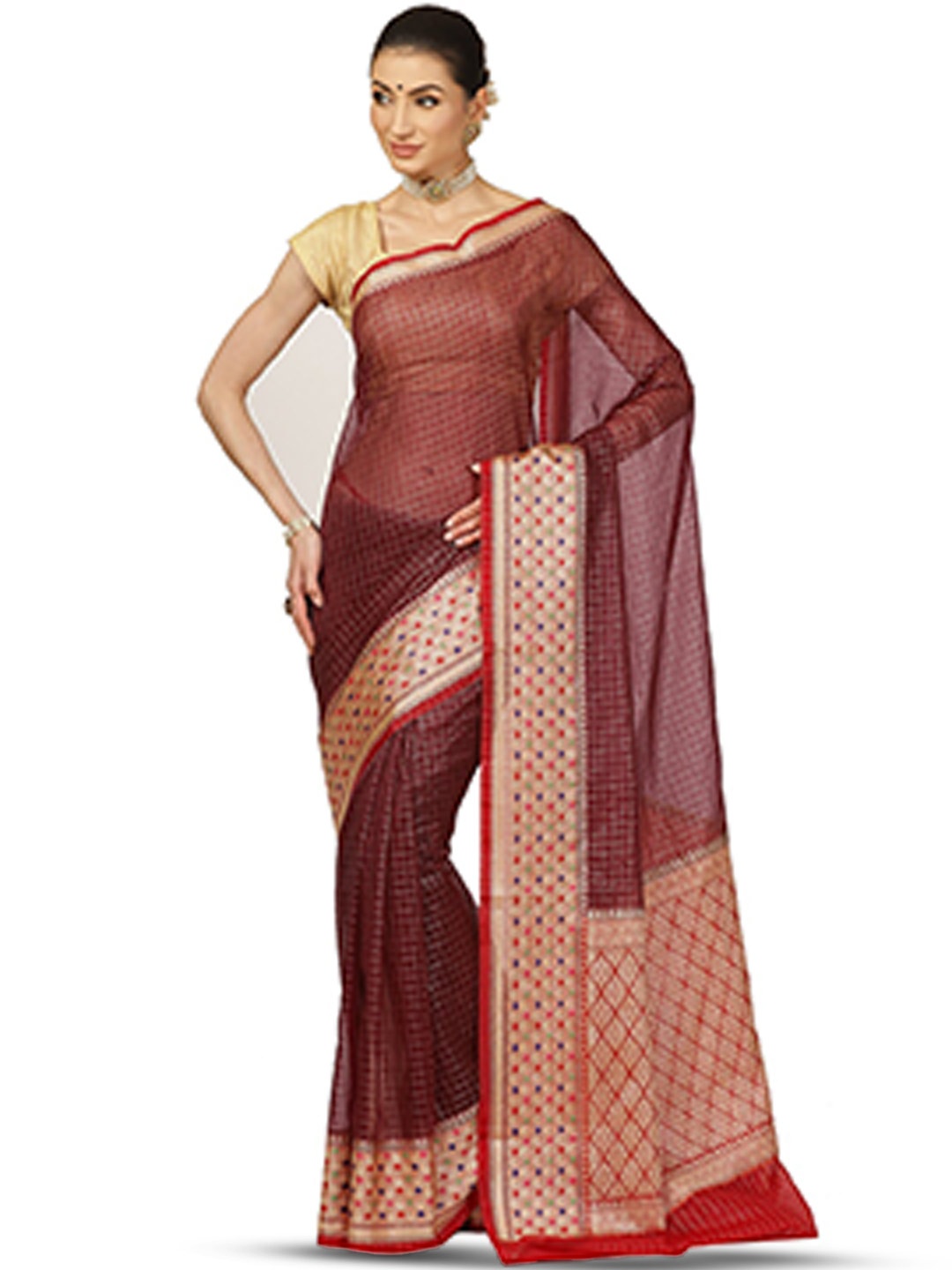 

PTIEPL Banarasi Silk Works Checked Zari Organza Banarasi Saree, Brown