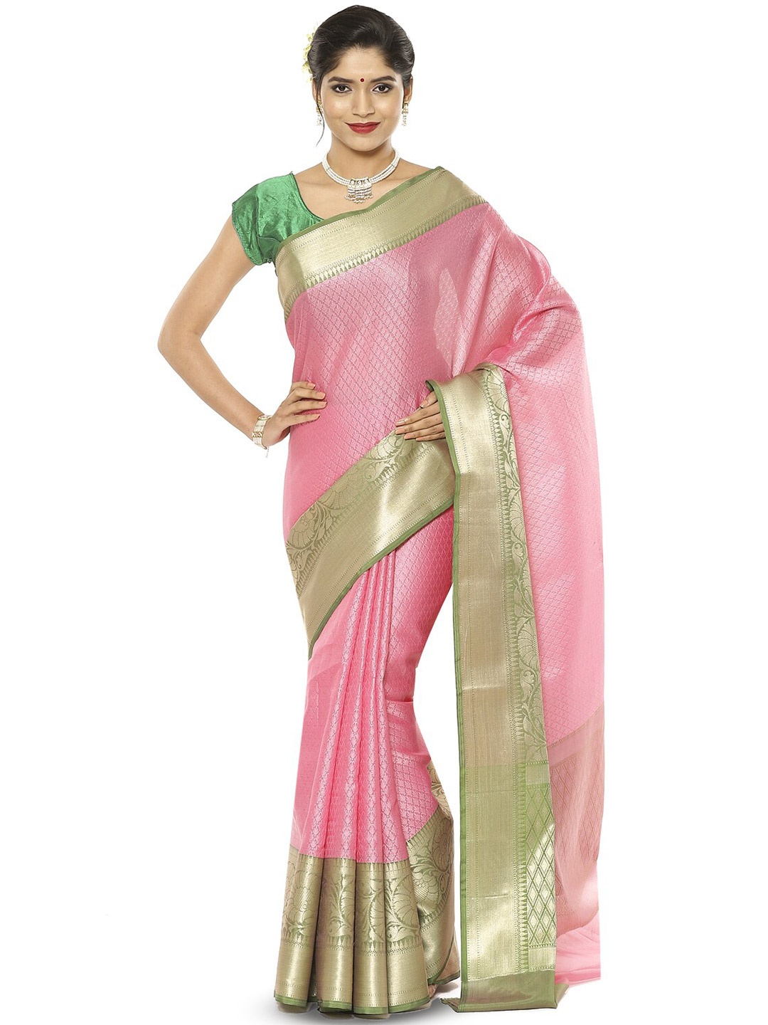 

PTIEPL Banarasi Silk Works Floral Zari Art Silk Banarasi Saree, Pink