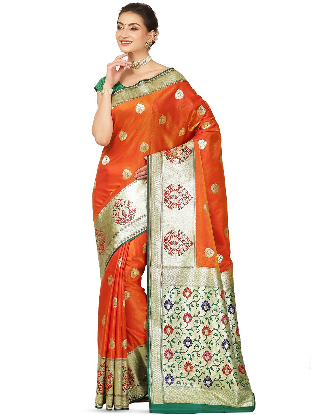 

PTIEPL Banarasi Silk Works Design Zari Satin Designer Banarasi Saree, Brown
