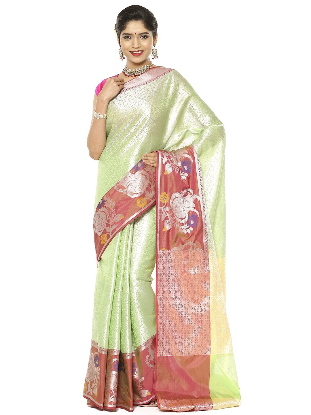 

PTIEPL Banarasi Silk Works Zari Silk Blend Designer Kanjeevaram Saree, Green