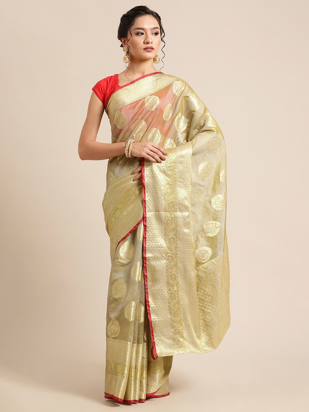 

PTIEPL Banarasi Silk Works Floral Zari Silk Blend Banarasi Saree, Green