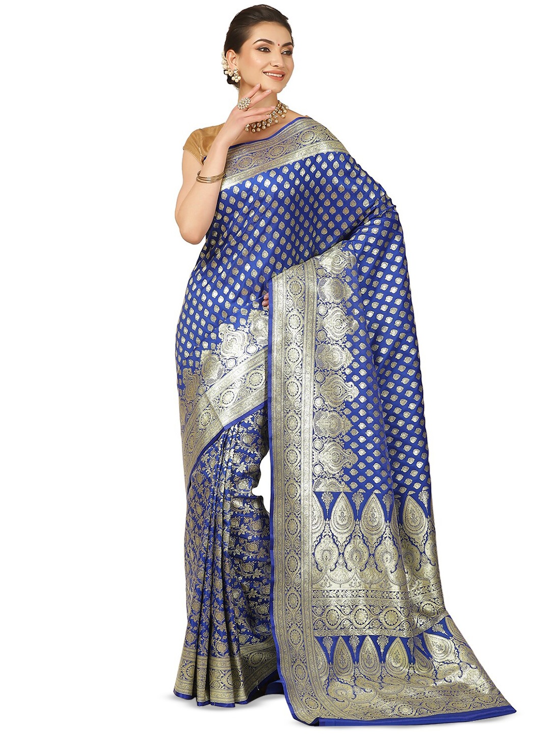 

PTIEPL Banarasi Silk Works Floral Zari Satin Designer Banarasi Saree, Blue