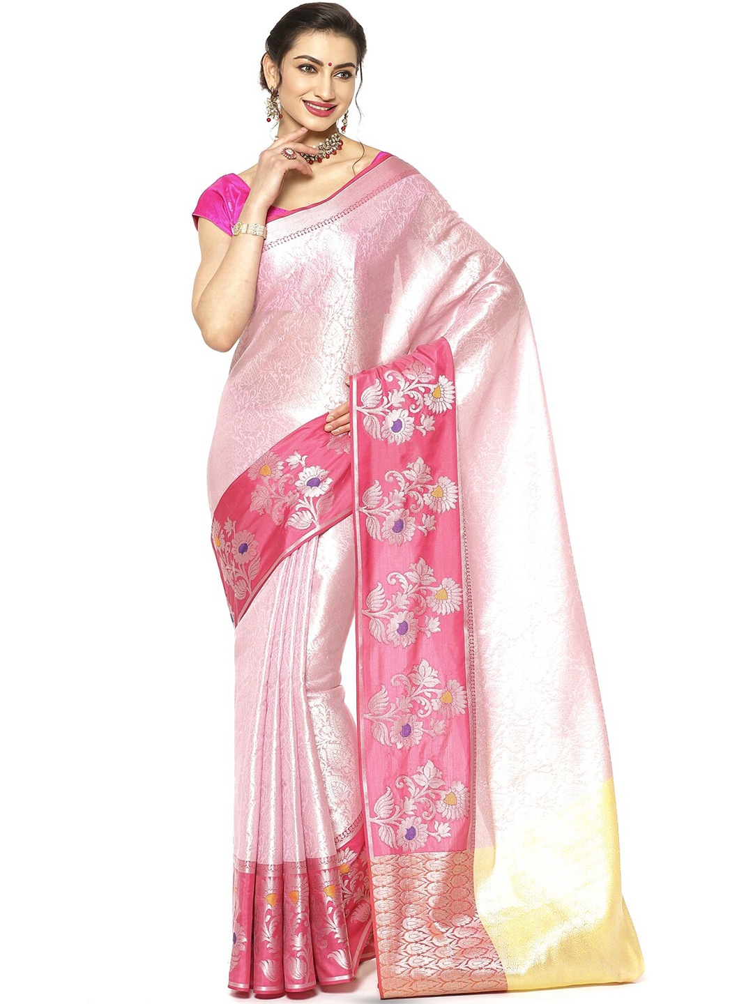 

PTIEPL Banarasi Silk Works Woven Design Zari Silk Blend Kanjeevaram Saree, Pink