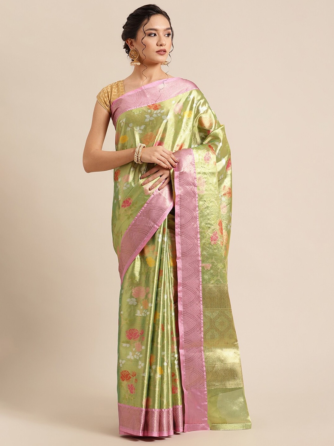 

PTIEPL Banarasi Silk Works Floral Zari Tissue Ikat Saree, Gold