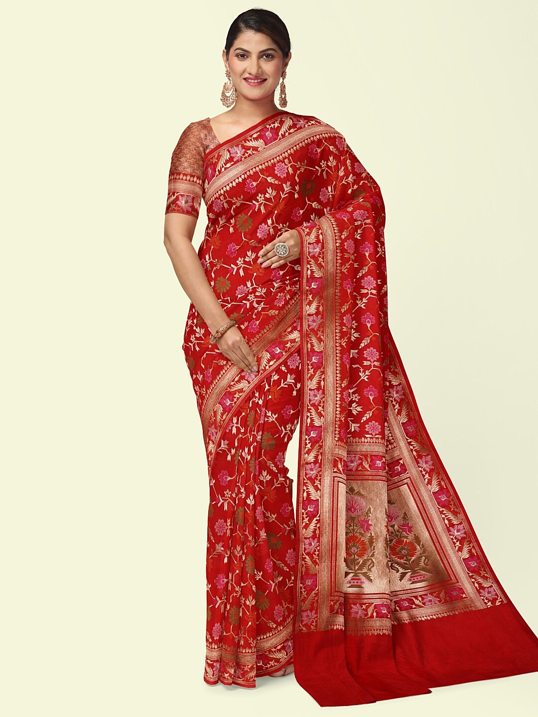 

PTIEPL Banarasi Silk Works Woven Design Zari Silk Blend Banarasi Saree, Red