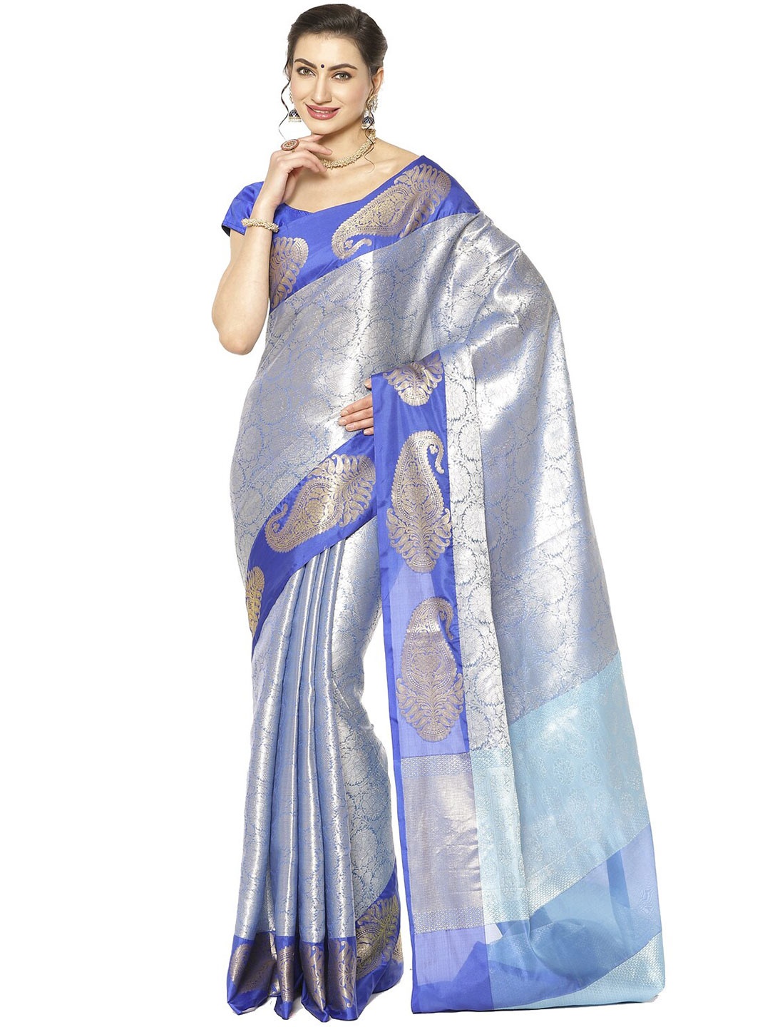 

PTIEPL Banarasi Silk Works Woven Design Zari Silk Blend Kanjeevaram Saree, Blue