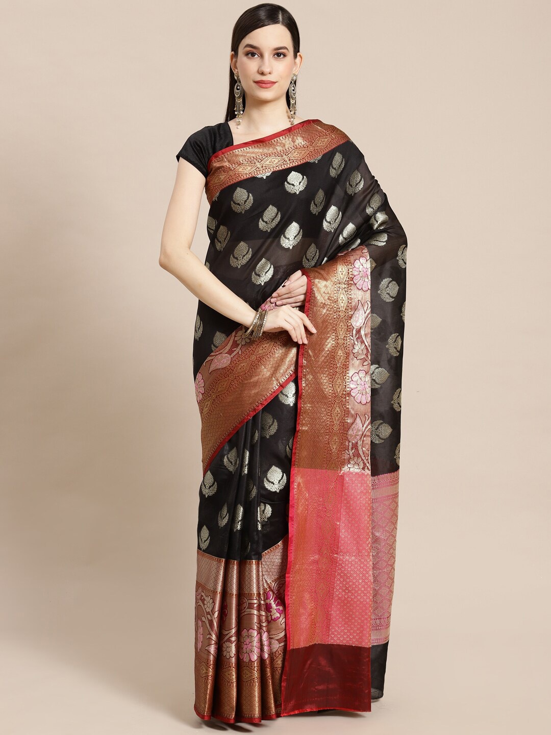 

PTIEPL Banarasi Silk Works Woven Design Zari Art Silk Saree, Black