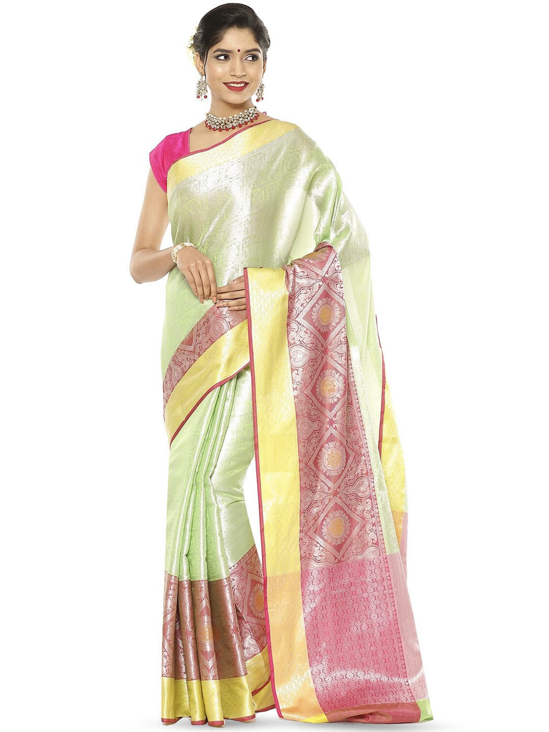 

PTIEPL Banarasi Silk Works Woven Design Zari Silk Blend Kanjeevaram Saree, Green