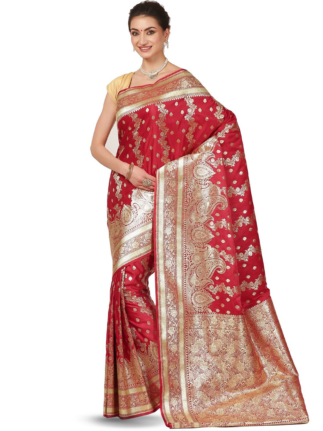 

PTIEPL Banarasi Silk Works Woven Design Zari Silk Blend Banarasi Saree, Maroon