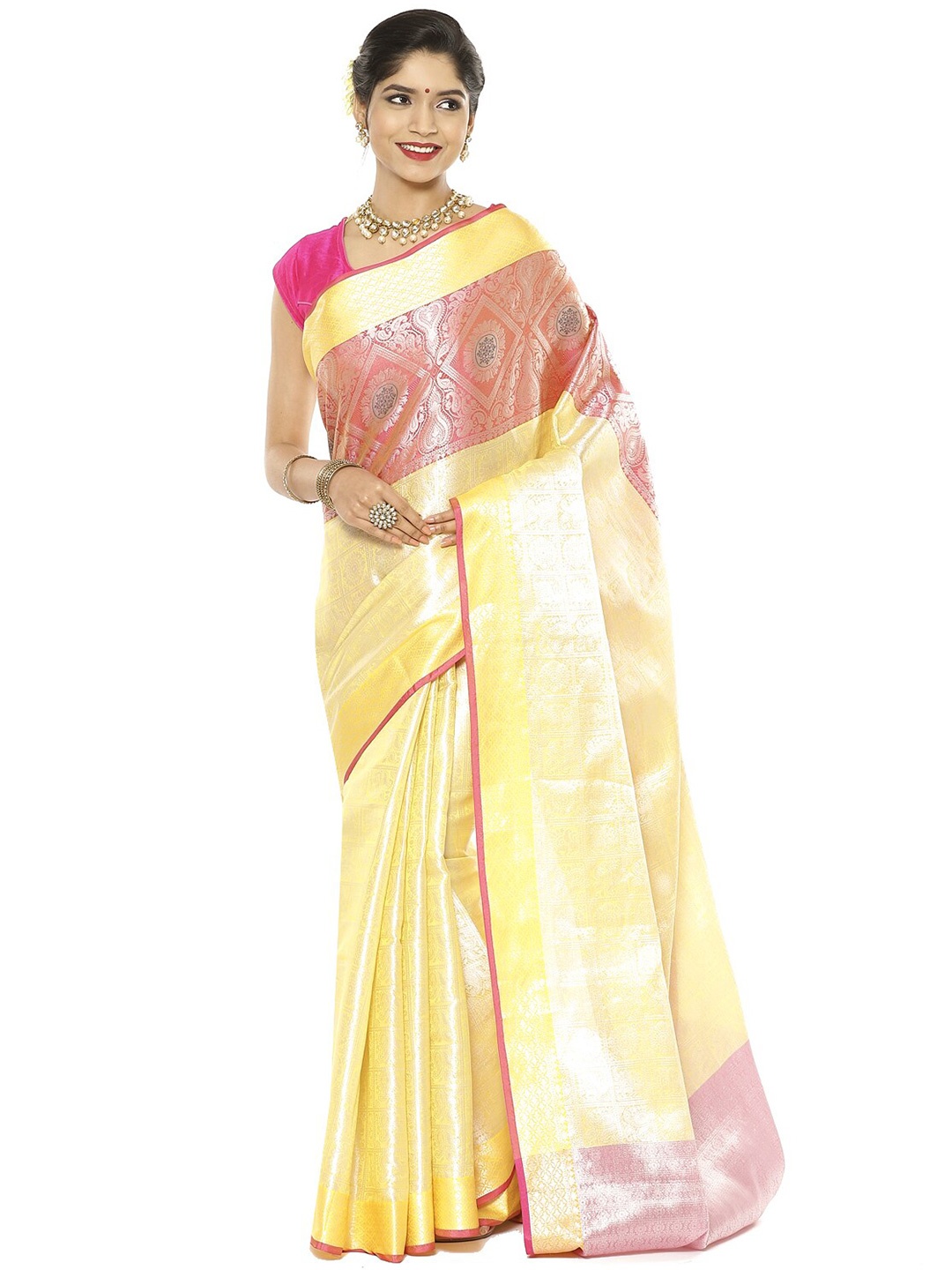 

PTIEPL Banarasi Silk Works Woven Design Zari Silk Blend Kanjeevaram Saree, Beige