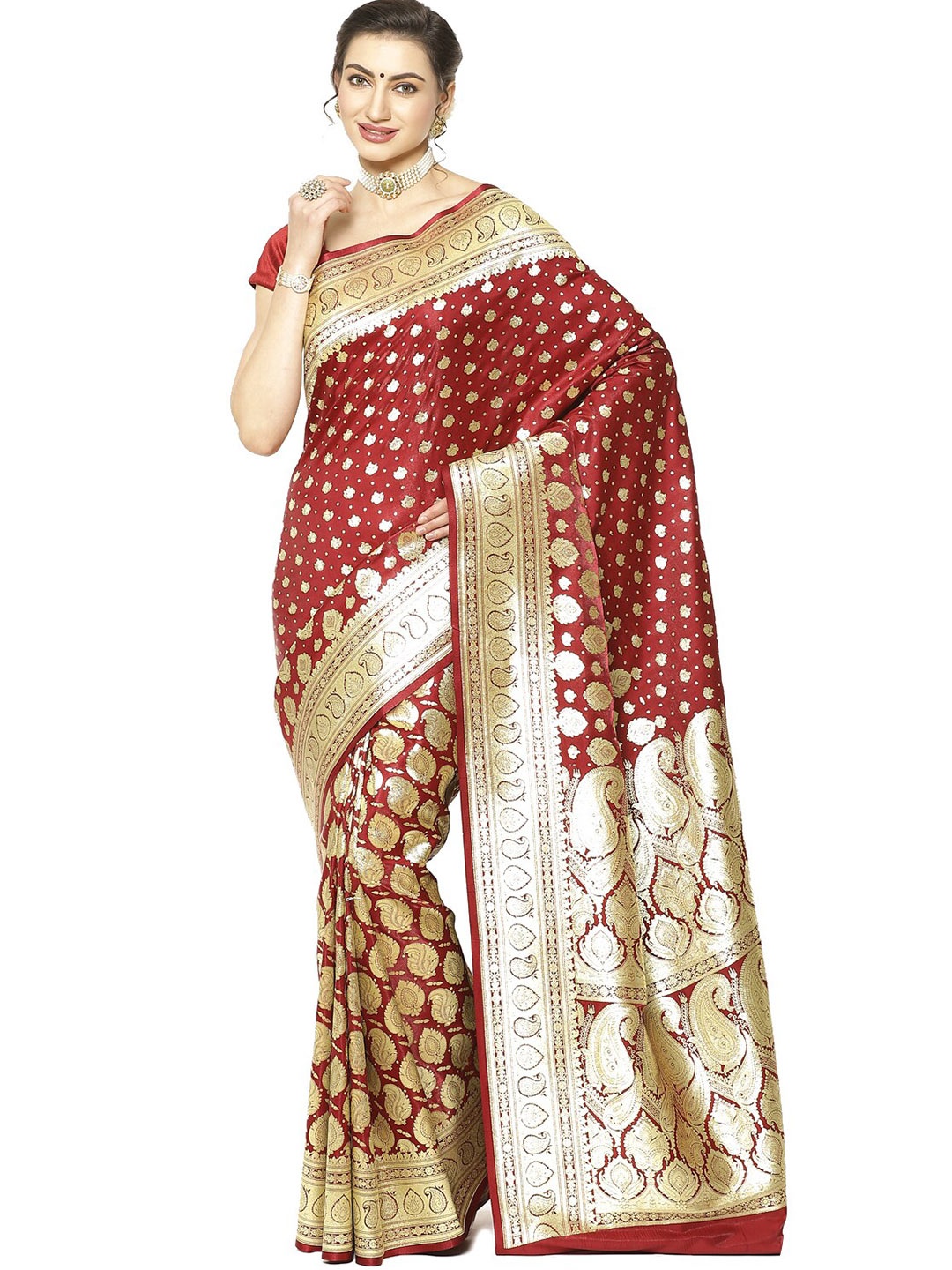 

PTIEPL Banarasi Silk Works Woven Design Zari Satin Banarasi Saree, Maroon
