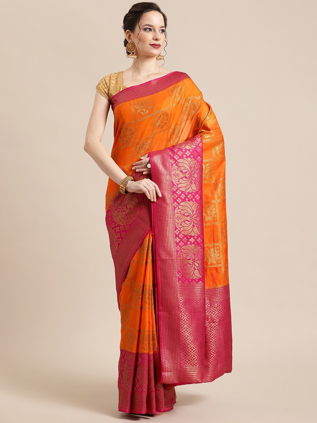 

PTIEPL Banarasi Silk Works Woven Design Zari Silk Blend Banarasi Saree, Orange