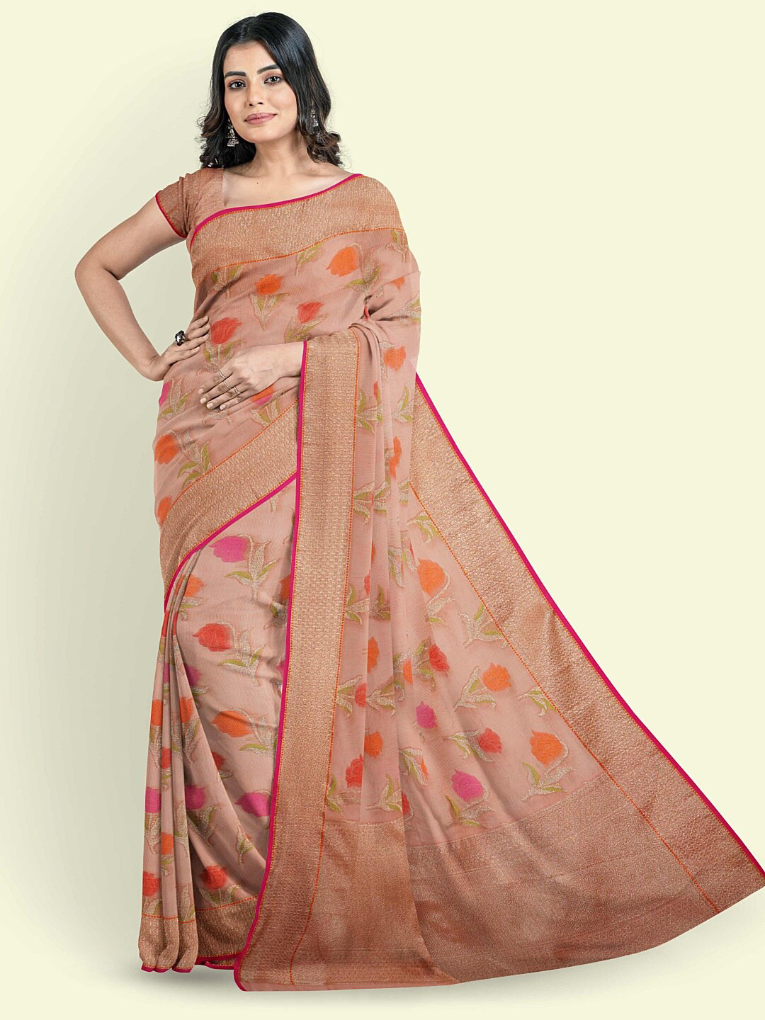 

PTIEPL Banarasi Silk Works Floral Woven Design Zari Banarasi Saree, Pink