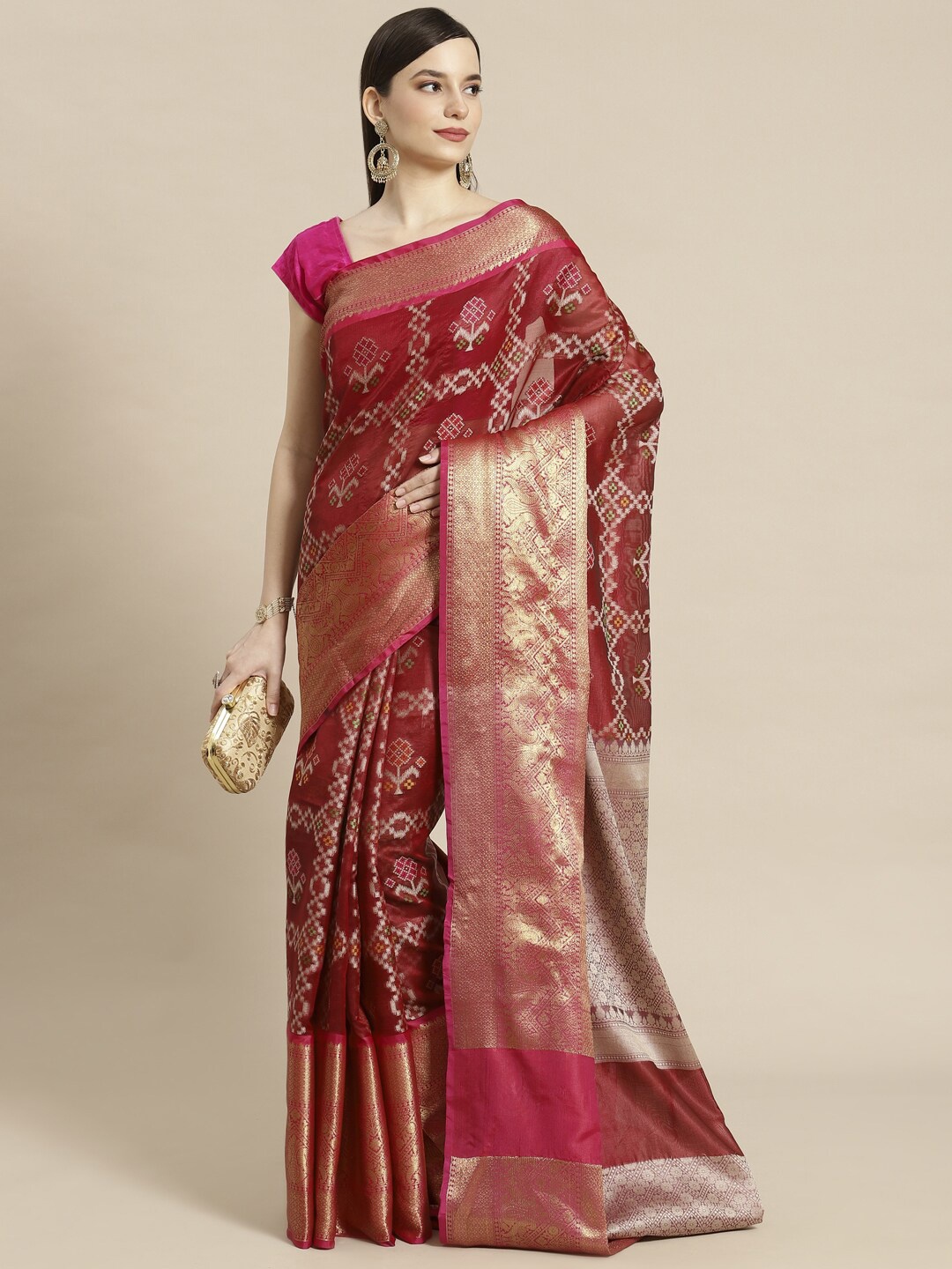 

PTIEPL Banarasi Silk Works Ethnic Motifs Woven Design Zari Ikat Saree, Maroon