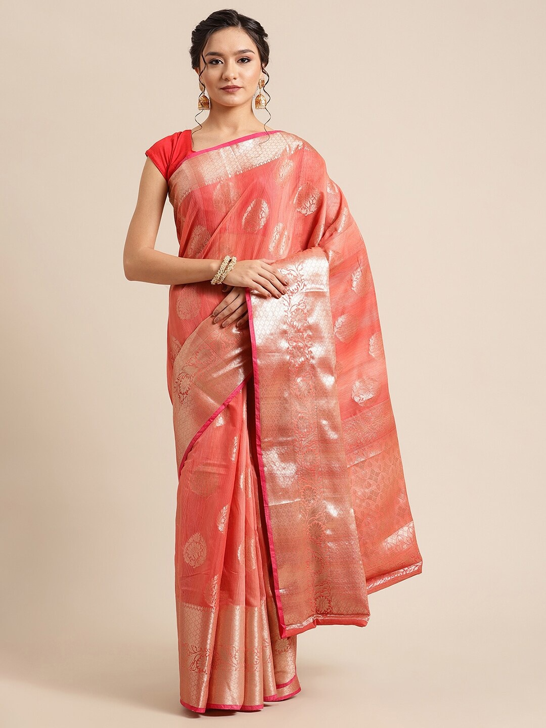 

PTIEPL Banarasi Silk Works Ethnic Motifs Woven Design Zari Banarasi Saree, Red