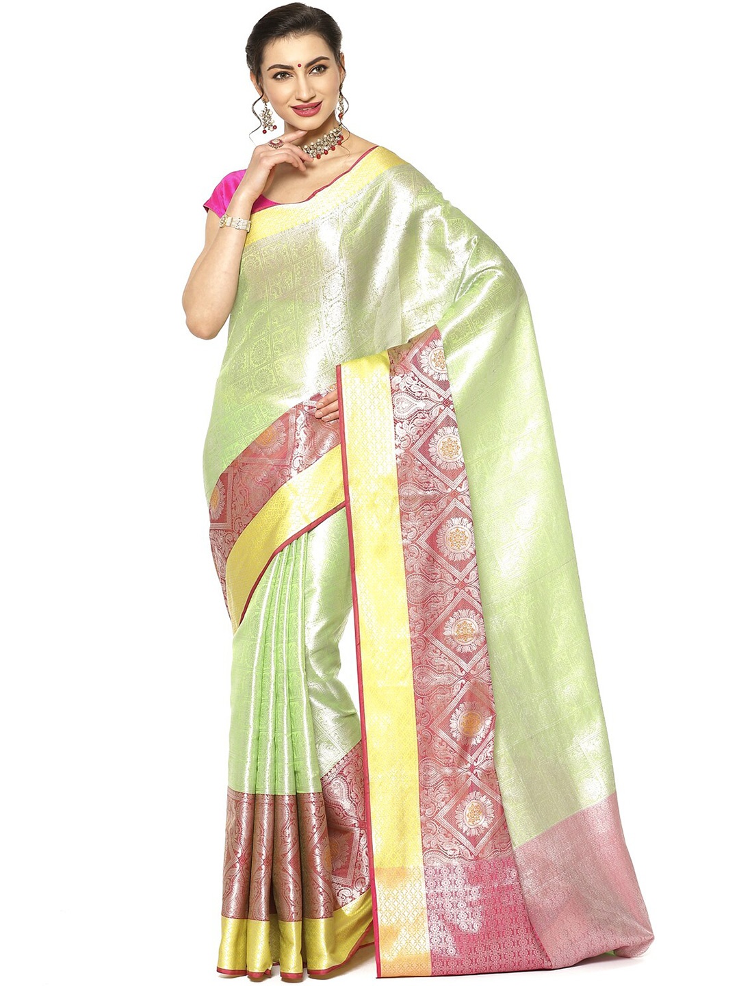 

PTIEPL Banarasi Silk Works Ethnic Motifs Woven Design Zari Kanjeevaram Saree, Green