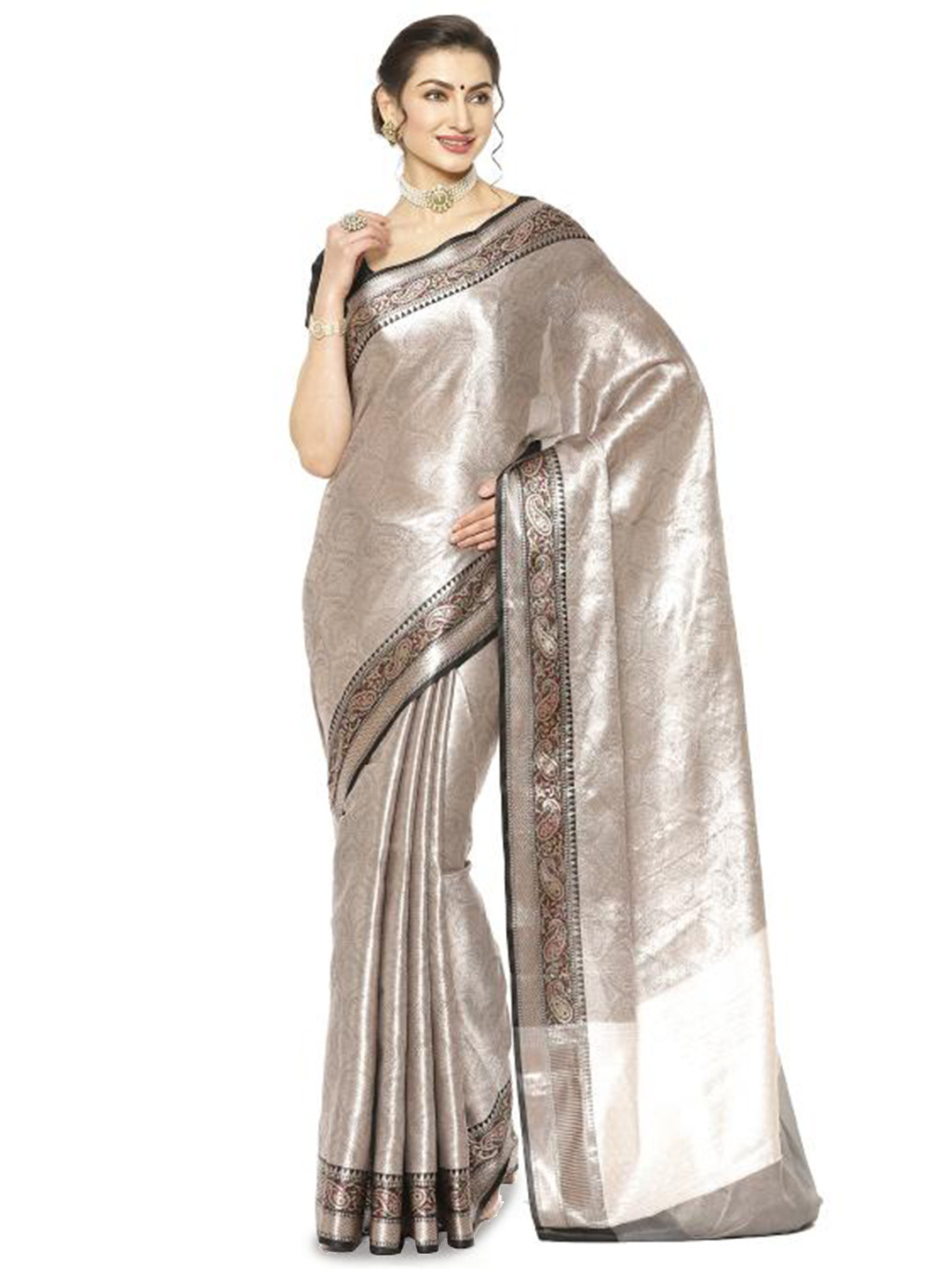 

PTIEPL Banarasi Silk Works Ethnic Motifs Woven Design Zari Kanjeevaram Saree, Silver