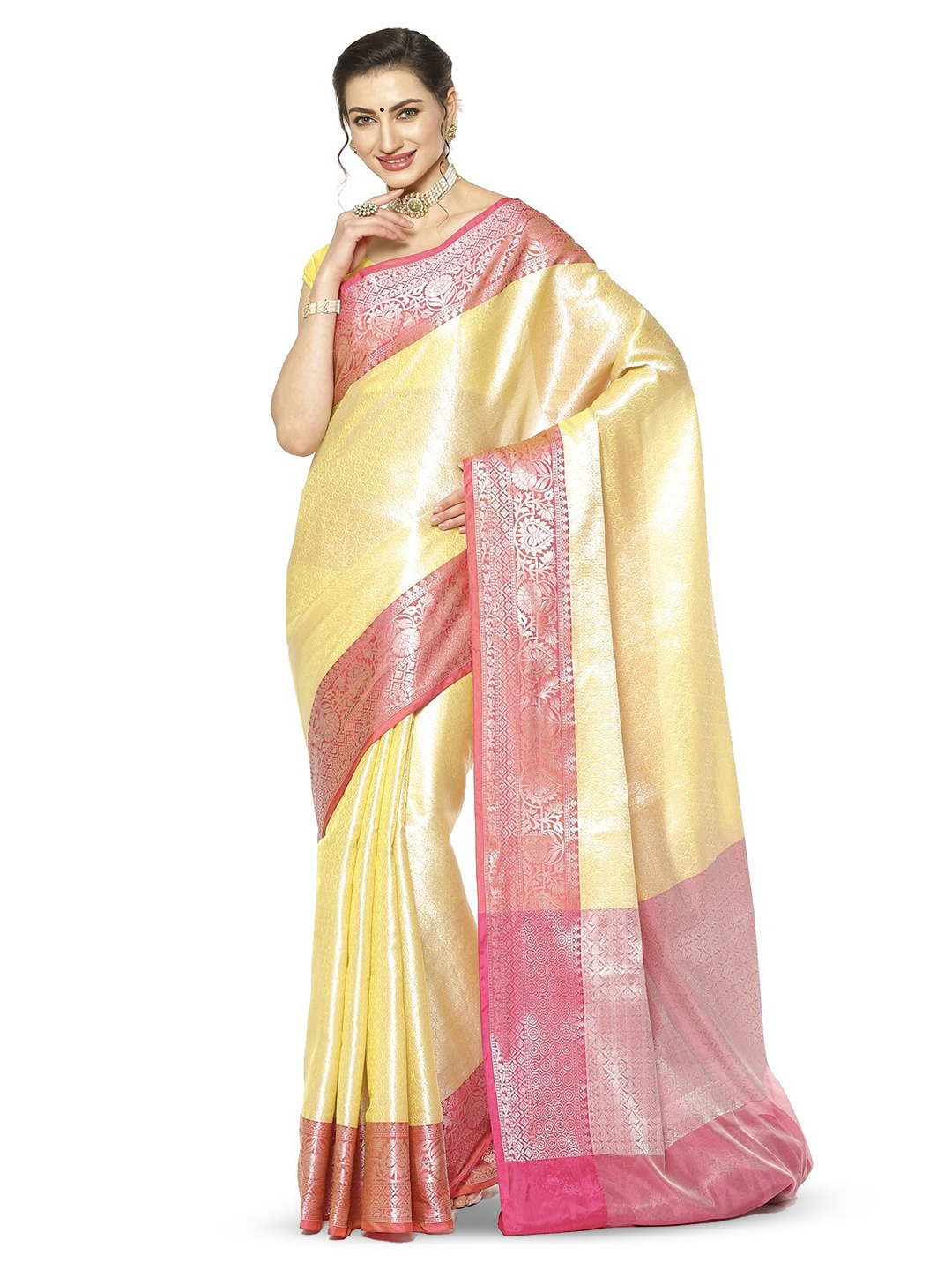 

PTIEPL Banarasi Silk Works Woven Design Zari Kanjeevaram Saree, Gold