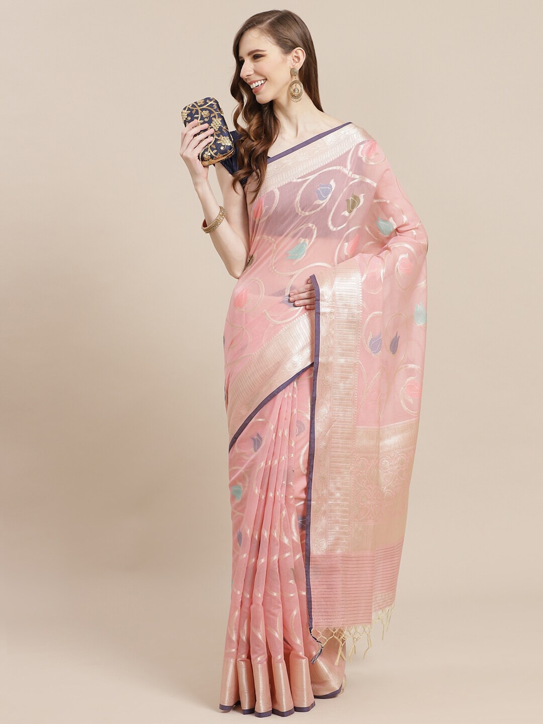 

PTIEPL Banarasi Silk Works Floral Woven Design Zari Banarasi Saree, Pink