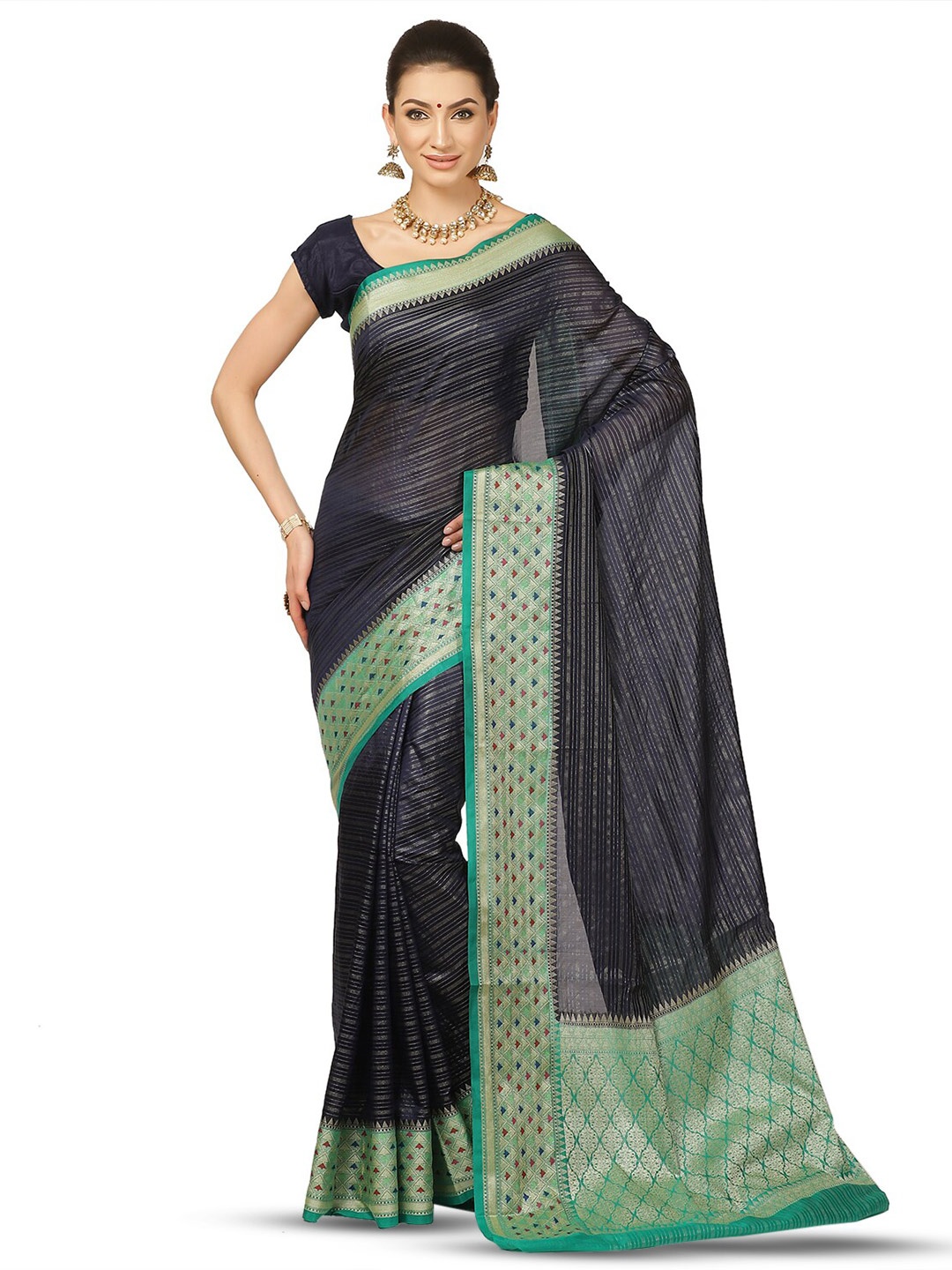 

PTIEPL Banarasi Silk Works Banarasi Silk Works Striped Zari Banarasi Saree, Navy blue