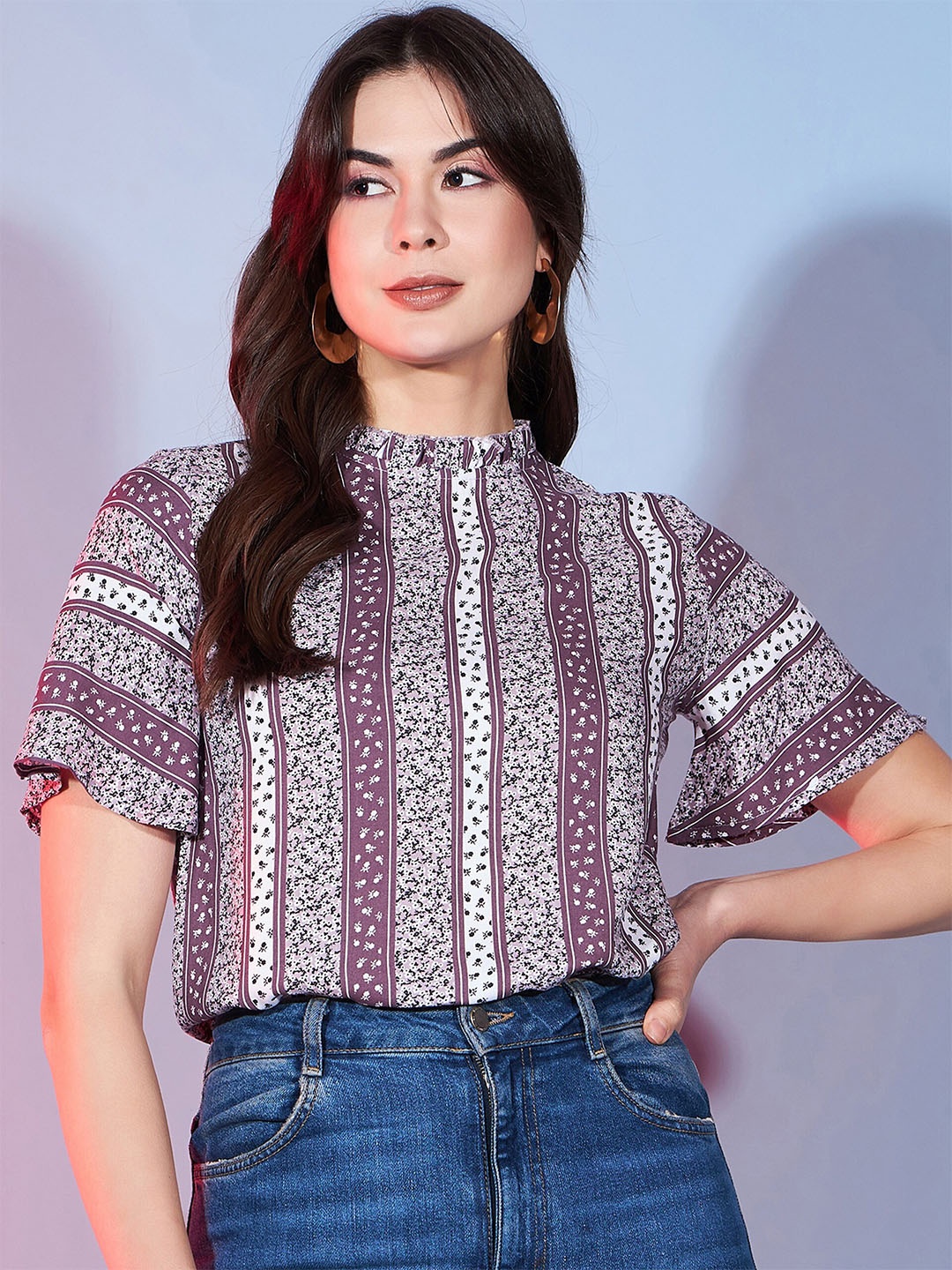 

DressBerry Brown Tribal Printed High Neck Regular Top