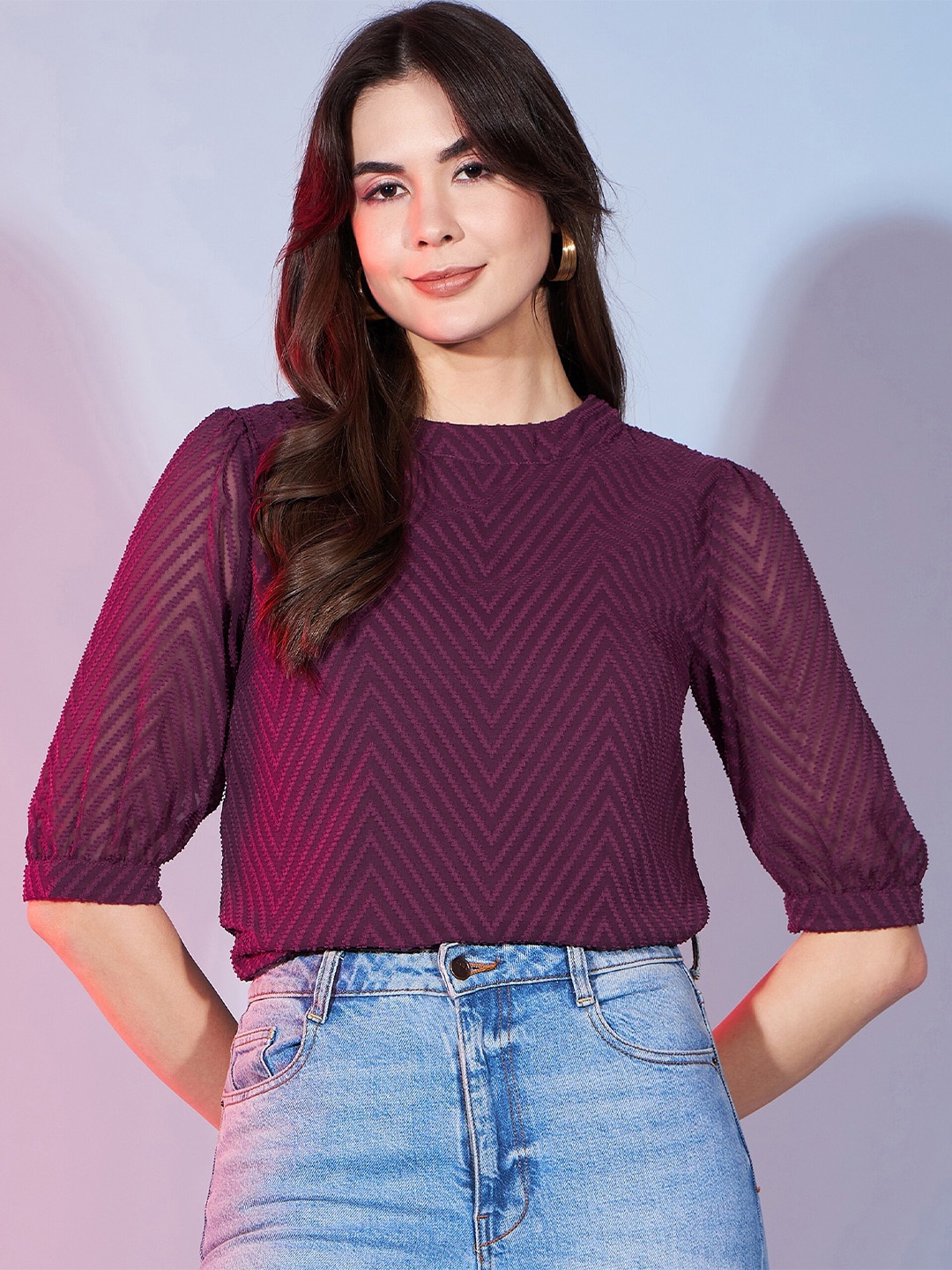 

DressBerry Purple Round Neck Puff Sleeve Crop Top