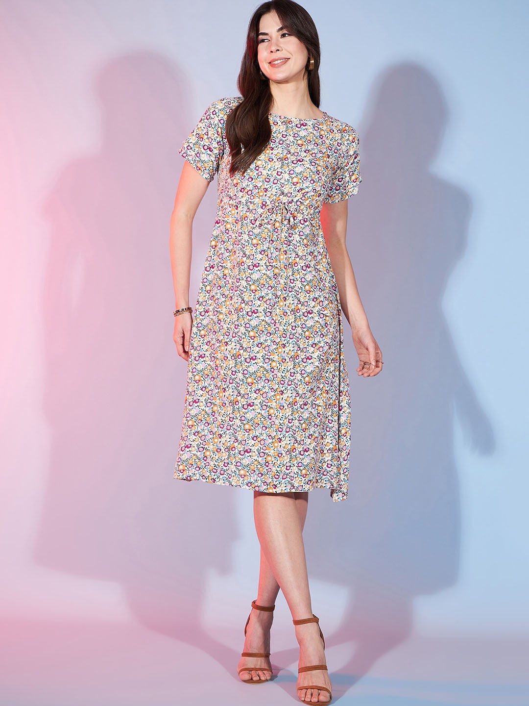 

DressBerry Round Neck Short Sleeves Floral Print A-Line Midi Dress, Multi