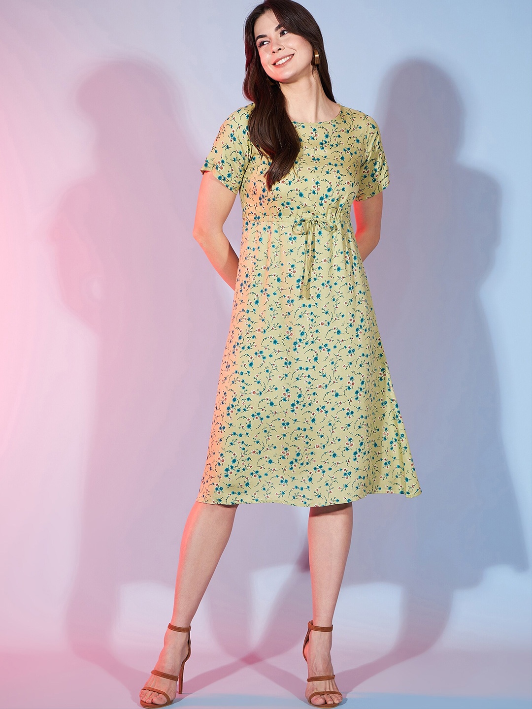 

DressBerry Round Neck Short Sleeves Floral Print Fit & Flare Midi Dress, Green