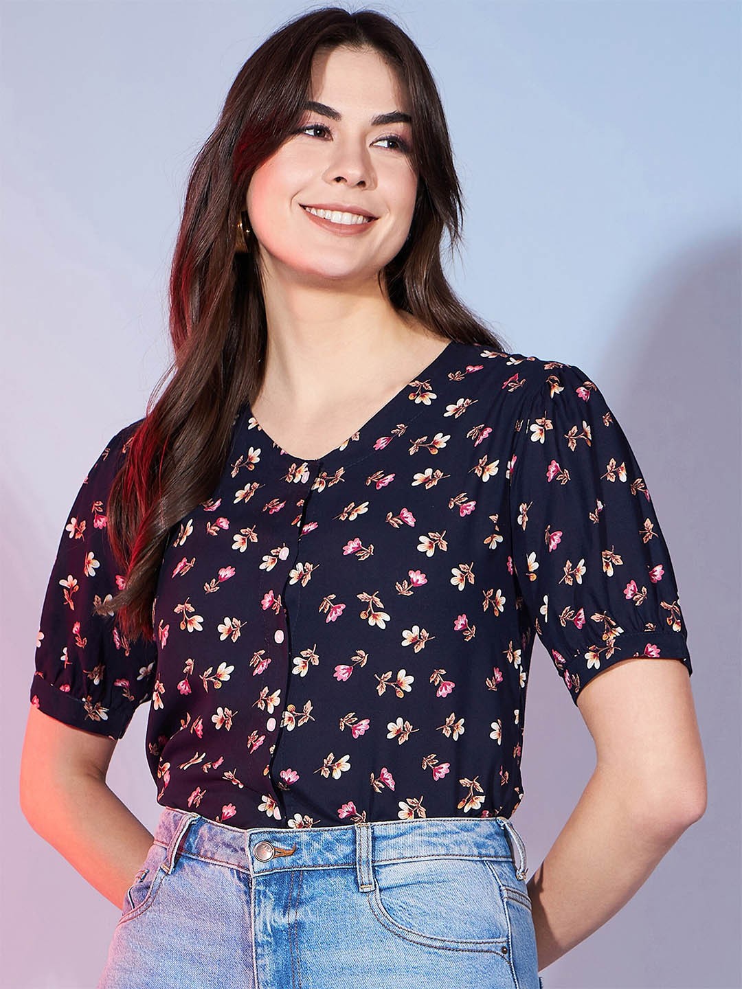 

DressBerry Navy Blue Floral Printed V Neck Top