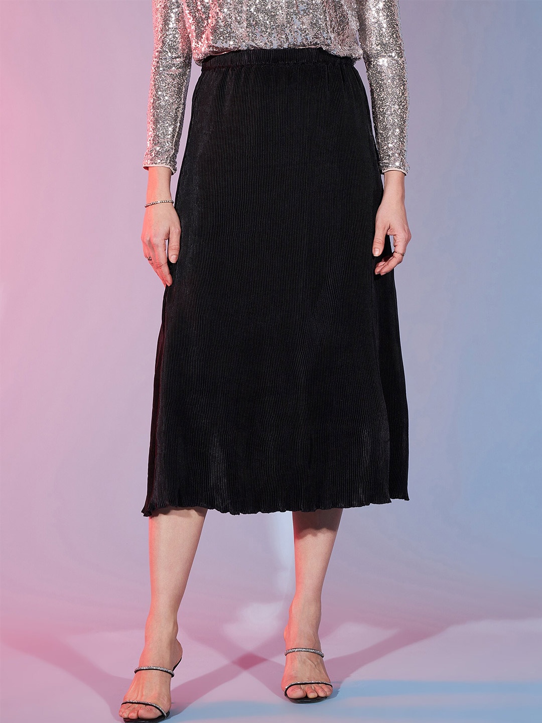 

DressBerry Pleated Satin A-Line Midi Skirt, Black